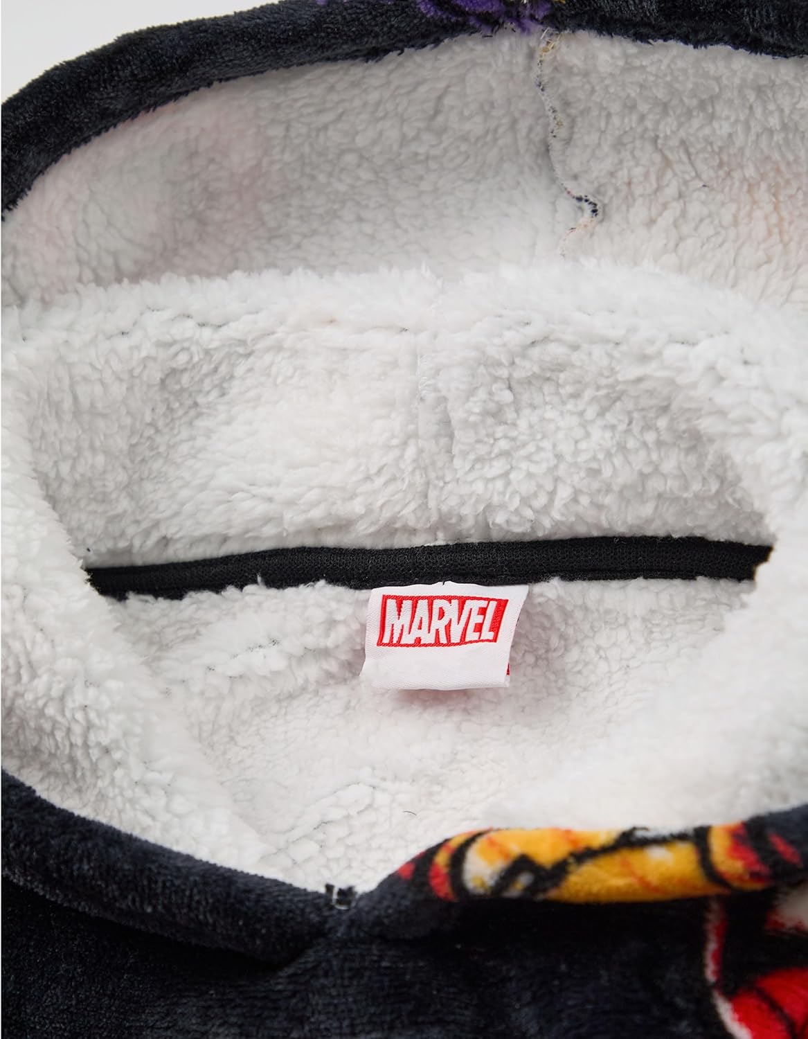 Marvel Boys Wearable Blanket Hoodie | Kids Hooded Sherpa Fleece Pullover in Dark Grey with Super Hero Icons All Over Print