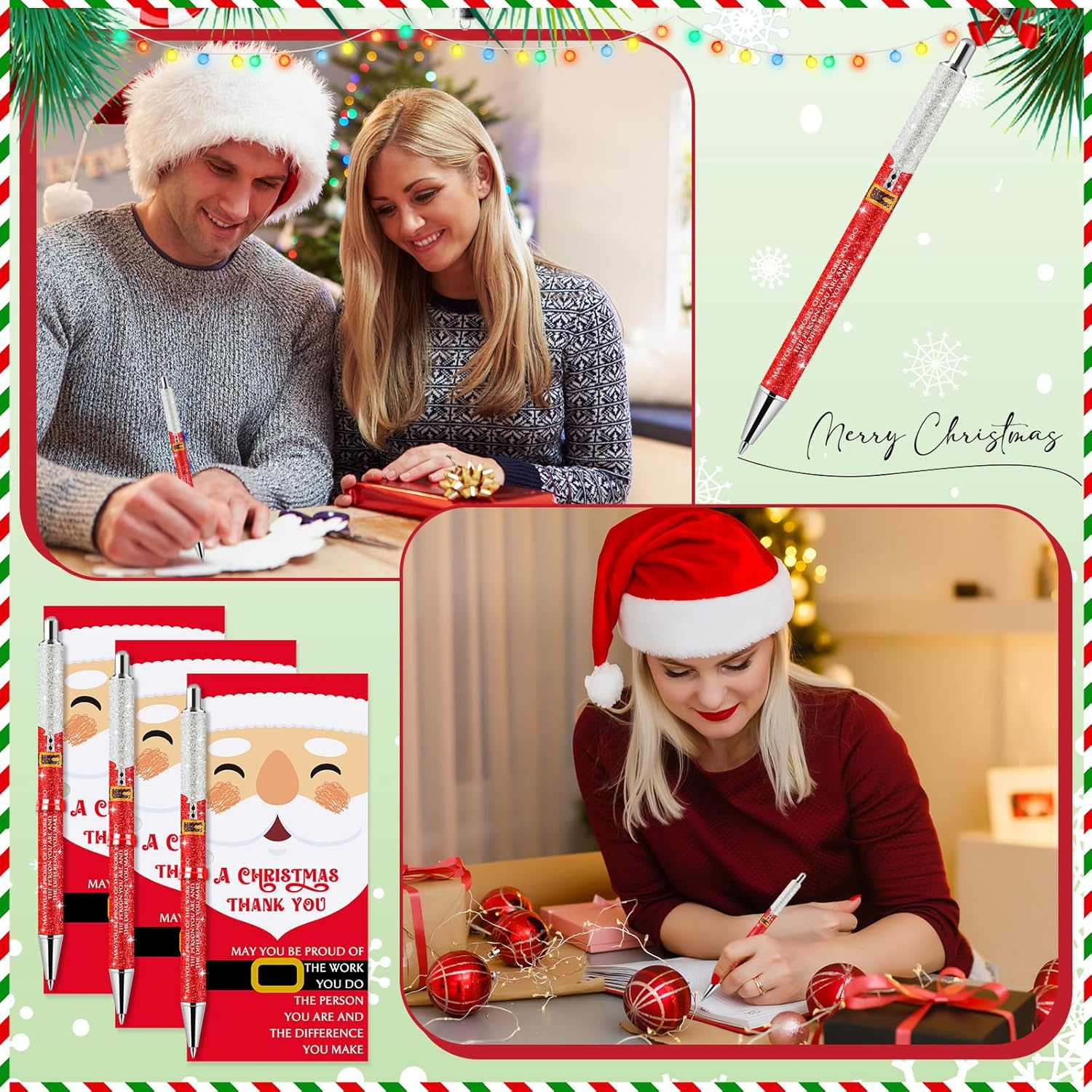 Sayglossy 40 Sets Glitter Christmas Pens Gifts Bulk Christmas Employee Appreciation Gifts Ballpoint Pens with Thank You Cards for Office Coworker Staff Team Teacher Nurse (Santa Claus)