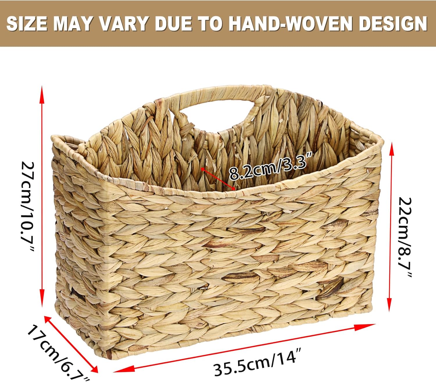 BTSKY Woven Magazine Holder, 2-Section Water Hyacinth Magazine Basket, Natural Storage Basket Bin for Books & Files, Bathroom Magazine Rack with Built-in-Handle for Home, Office & Desk