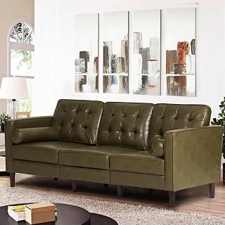 84" Premium Faux Leather 3-Seat Sofa w/2 Bolster Pillows and Tufted Backrest, Mid-Century Modern Sofa, Luxury Couch for Living Room, Bedroom, Office, Olive Green