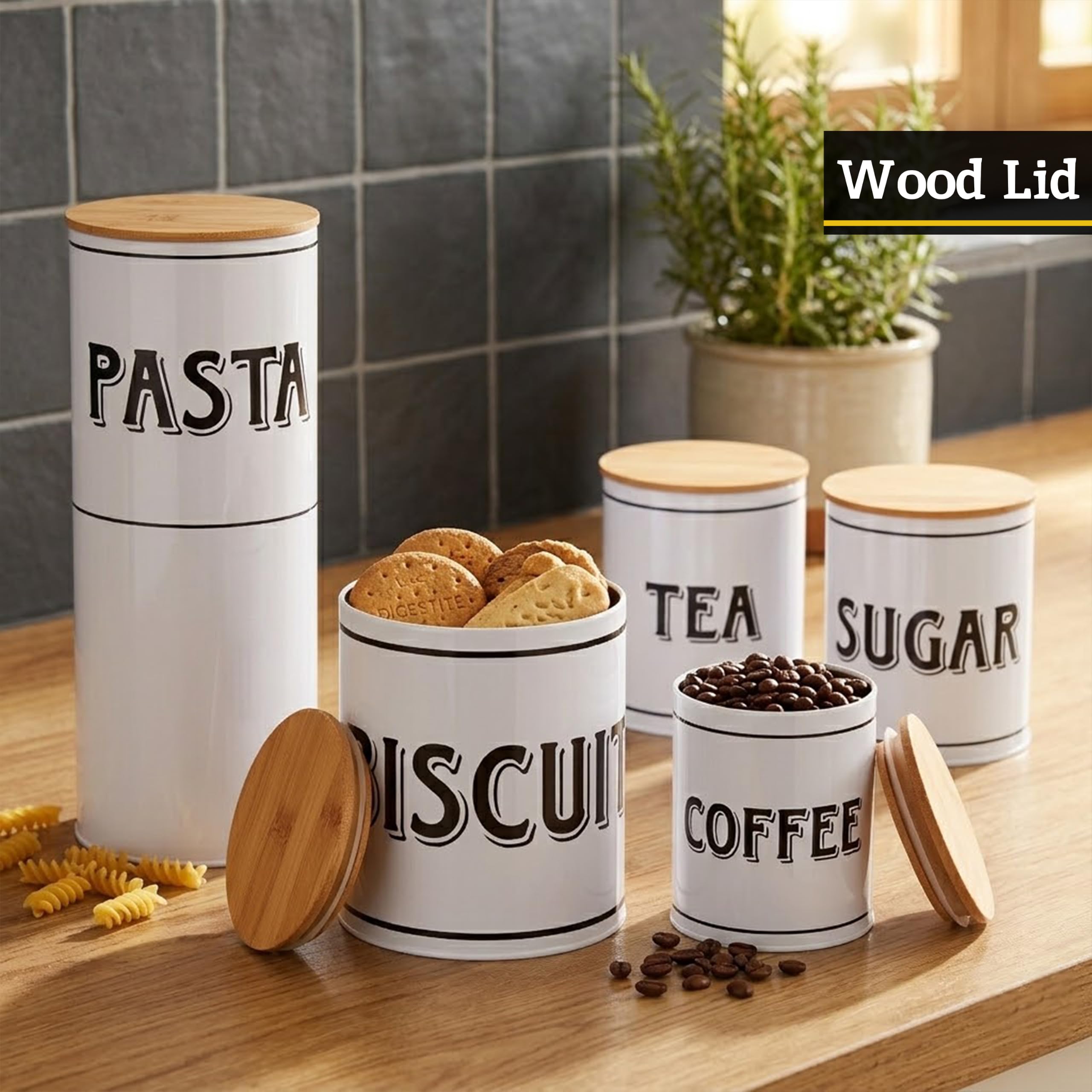 Premier Housewares - Juego de recipientes de metal blanco con tapas de madera y bambú (5 piezas)