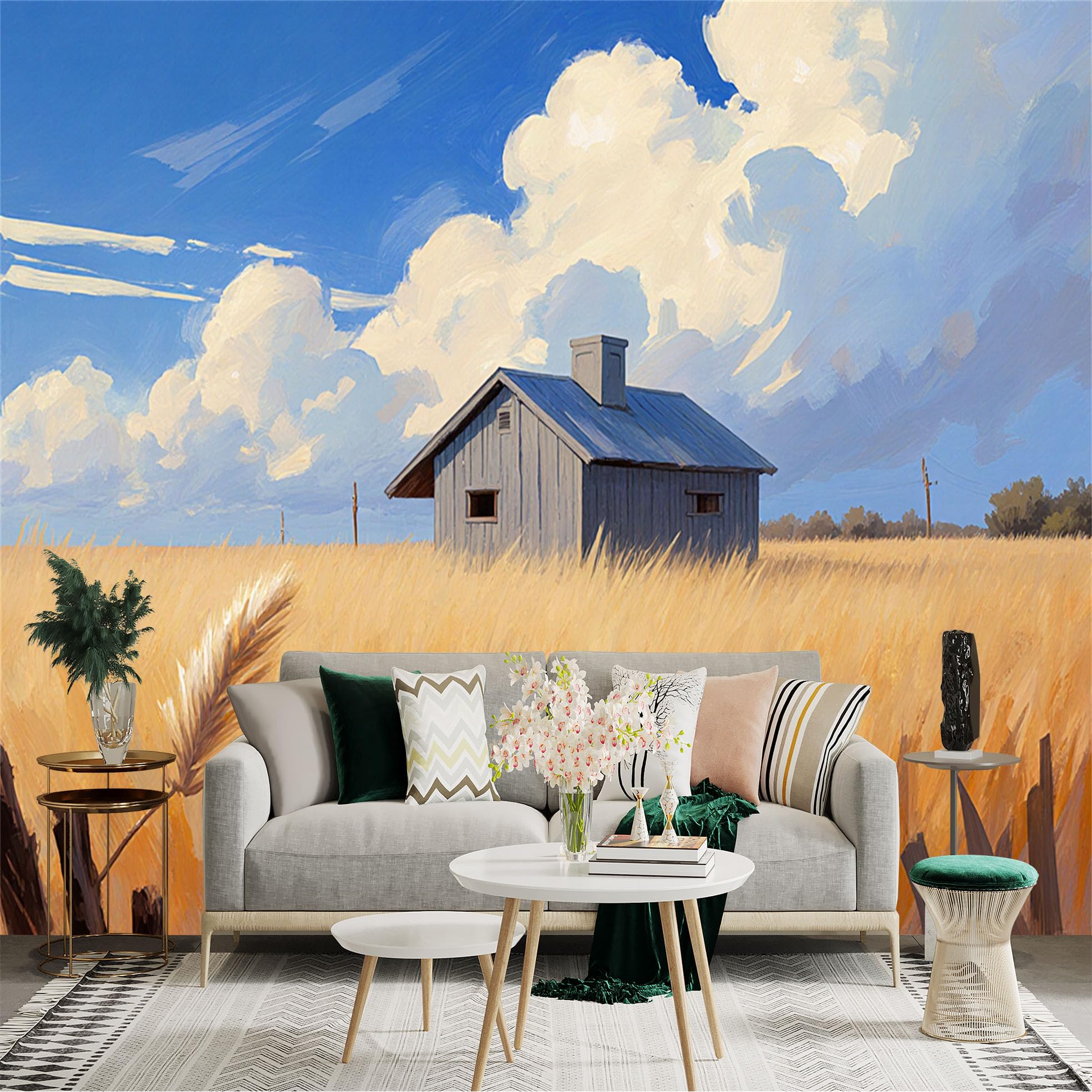 Custom Size Wall Sticker Mural， Countryside Barn with Wheat Field and Blue Sky， for wall Decoration， peelandstick wall Decals.
