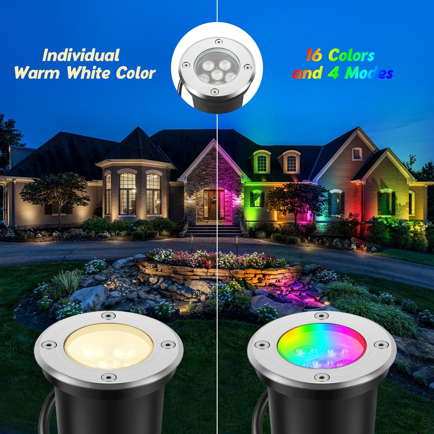 Junview Low Voltage Landscape Lights Christmas 10W RGBW Warm White LED Well Landscape Lighting Waterproof Outdoor 12V-24V Pathway Deck Ground RGB Well Lights (14)