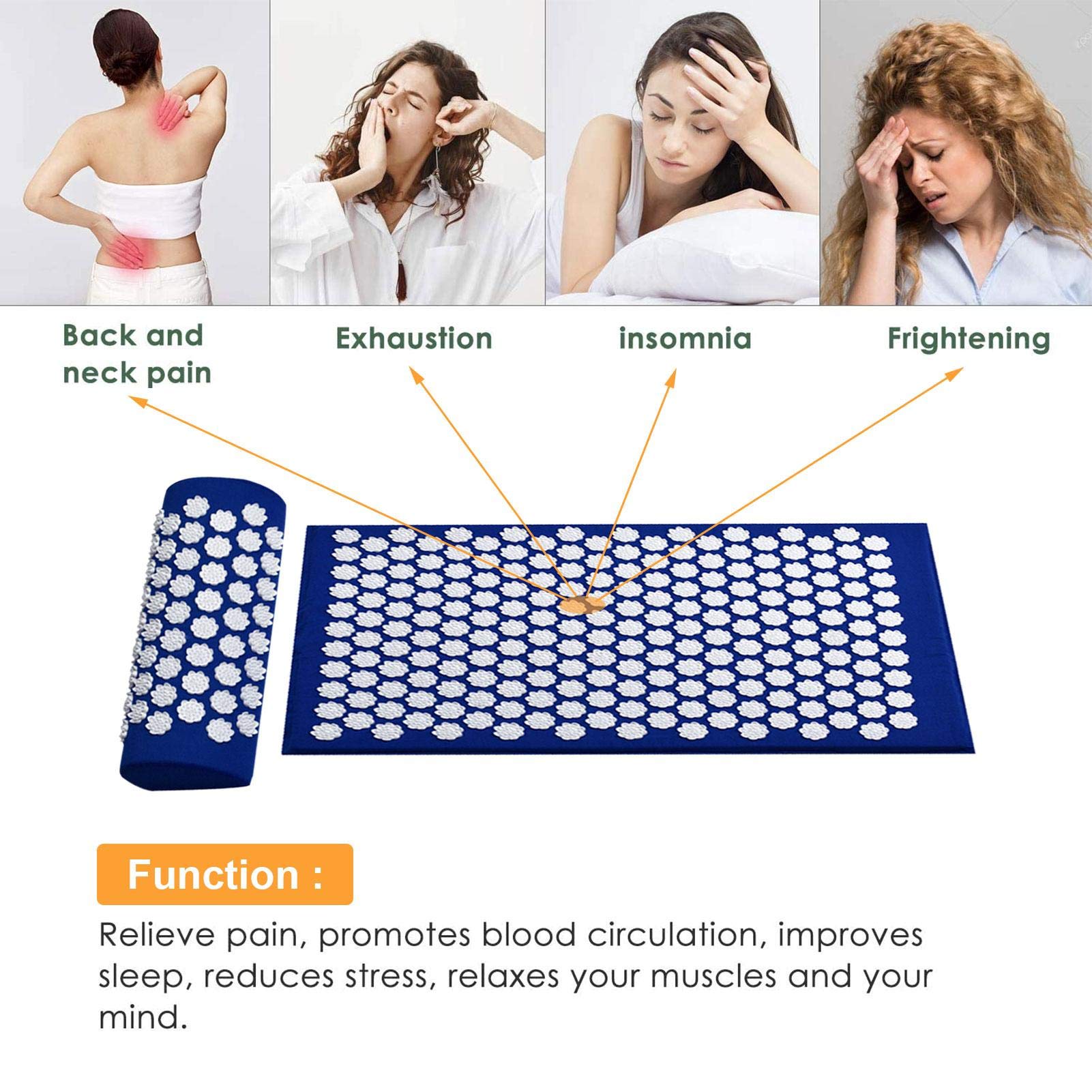 Set di tappetini per digitopressione e Cuscino per Il Collo per alleviare Lo Stress, Aumentare l'energia, alleviare Lo Stress, Gioco di digitopressione con Borsa per Il Trasporto