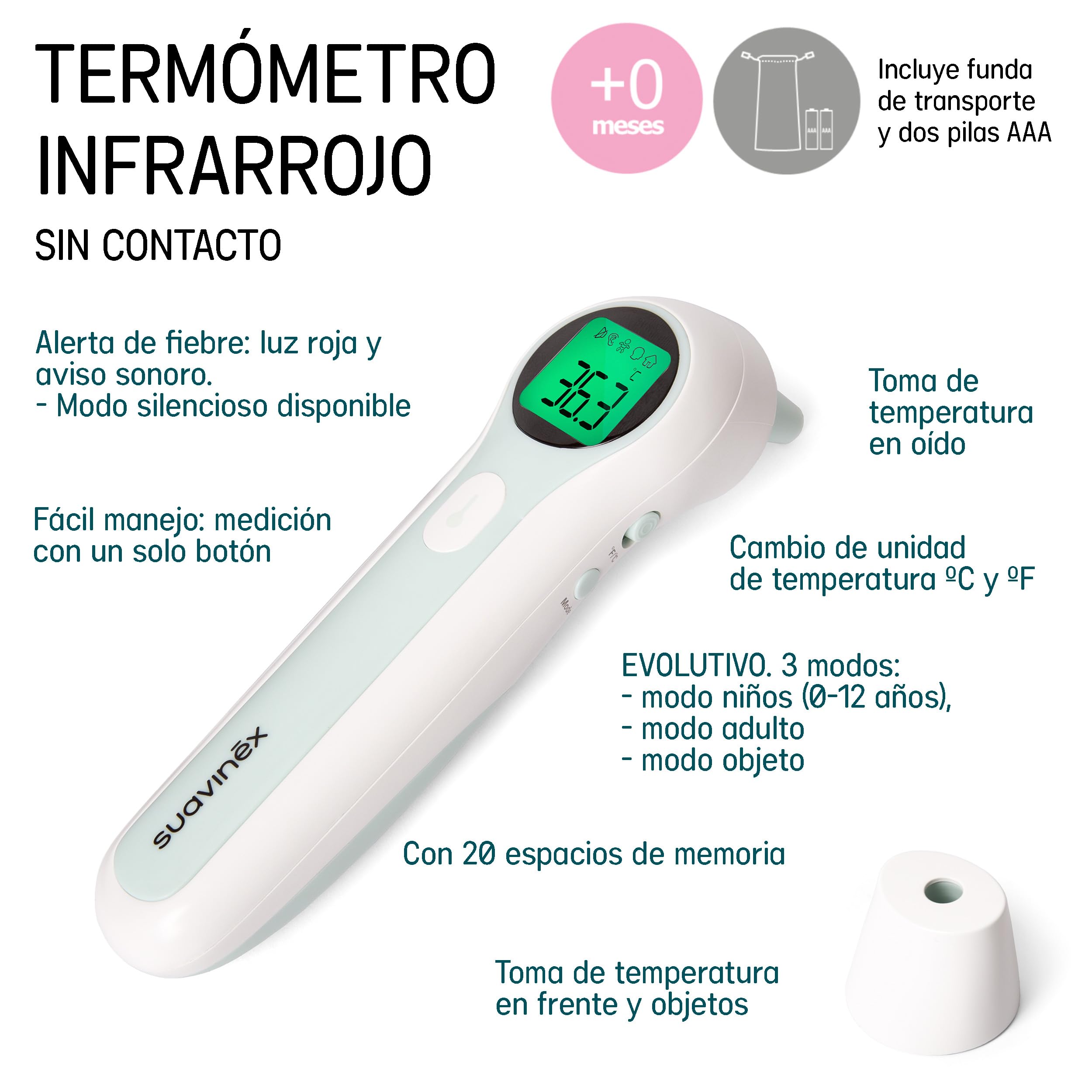 Suavinex, Termómetro Digital Bebé, Infrarrojos, Sin Contacto, Medición Frente y Oído, Lectura Rápida en 1 Segundo, Preciso, con Memoria, Modo Bebés, Niños y Adultos, Bolsa Transporte y Pilas Incluidas