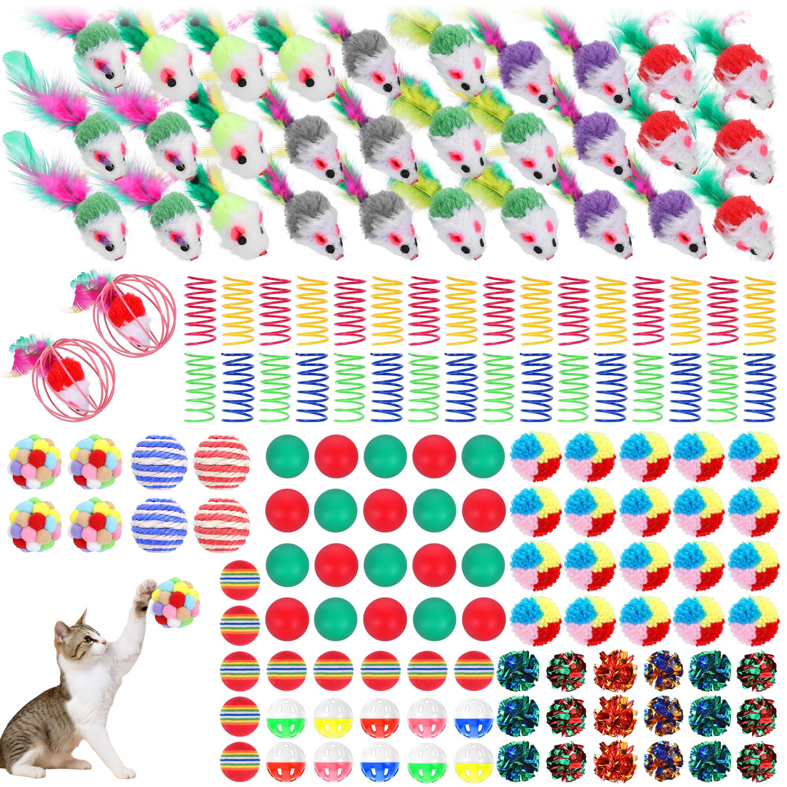 Lot de 150 jouets pour chat en vrac assortis - Jouet pour chat avec souris - Balles en sisal - Balles de tennis de table en peluche - Balles en peluche - Balles froissées
