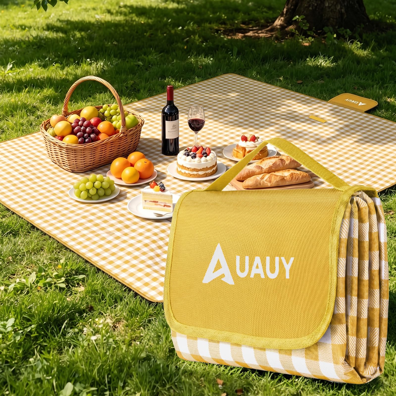 AUAUY Picnic Blanket, Waterproof Beach Rug, 200 x 150cm Yellow Grid