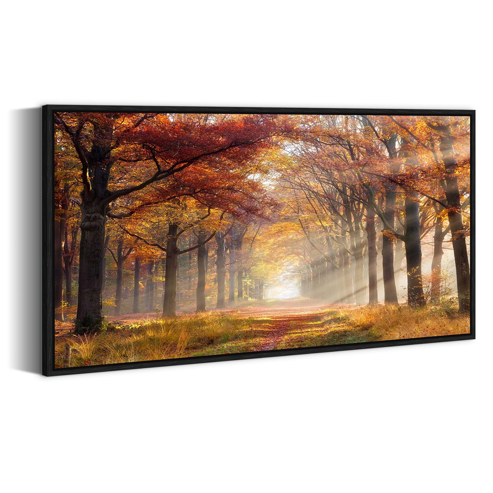 Sunset Forest Framed Wall Art - Yellow Landscape Canvas Picture Woodland Painting Nature Tree Scenery Artwork Prints for Bedroom Living Room