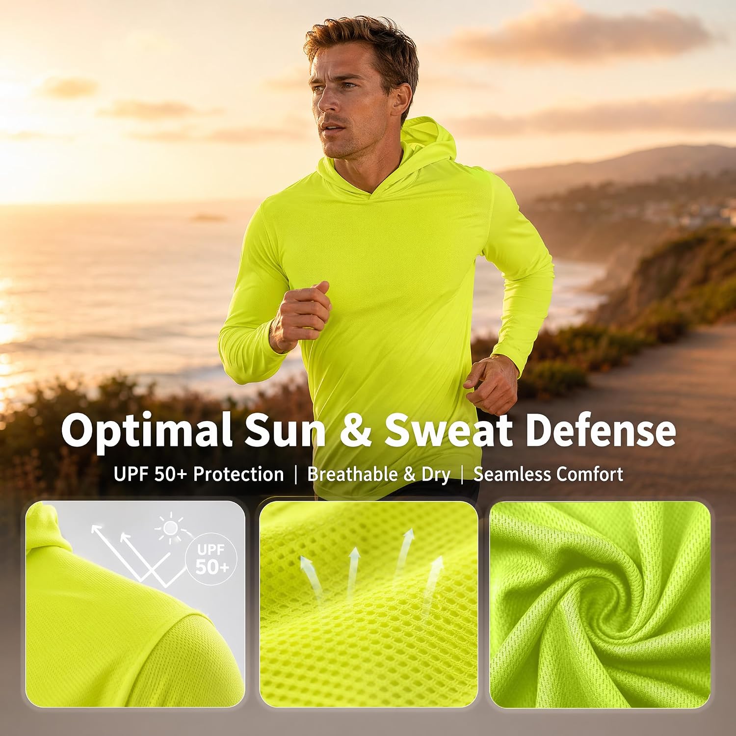 Men's UPF 50+ Sun Protection Shirts Long Sleeve Hooded Rash Guard Cooling Work Shirts for Fishing Running Construction