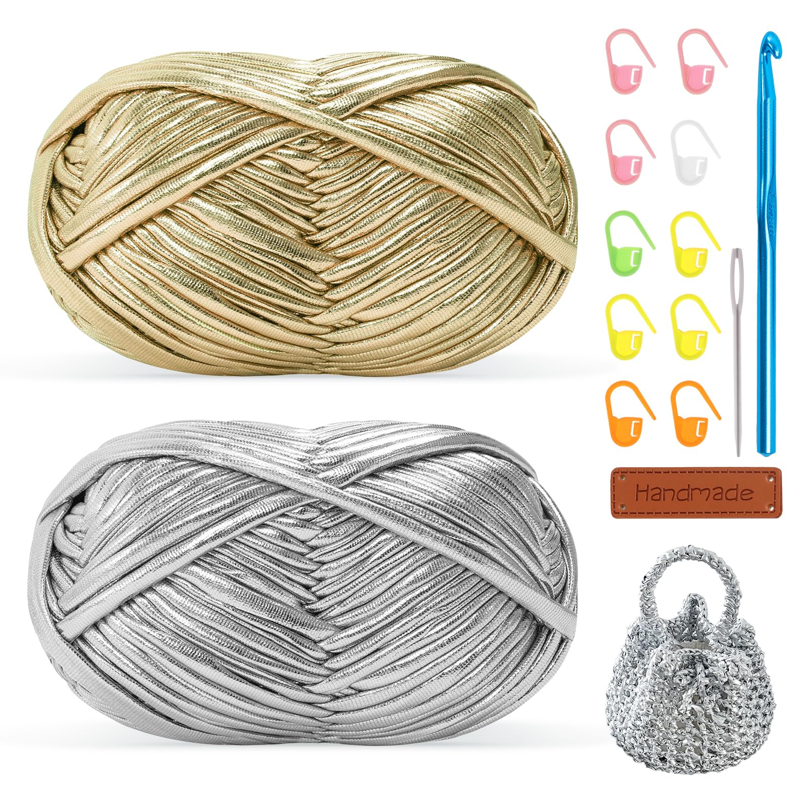 Metallic T-Shirt Yarn for Crocheting 2x100g Chunky Crochet Tshirt Yarn with 7mm Hook