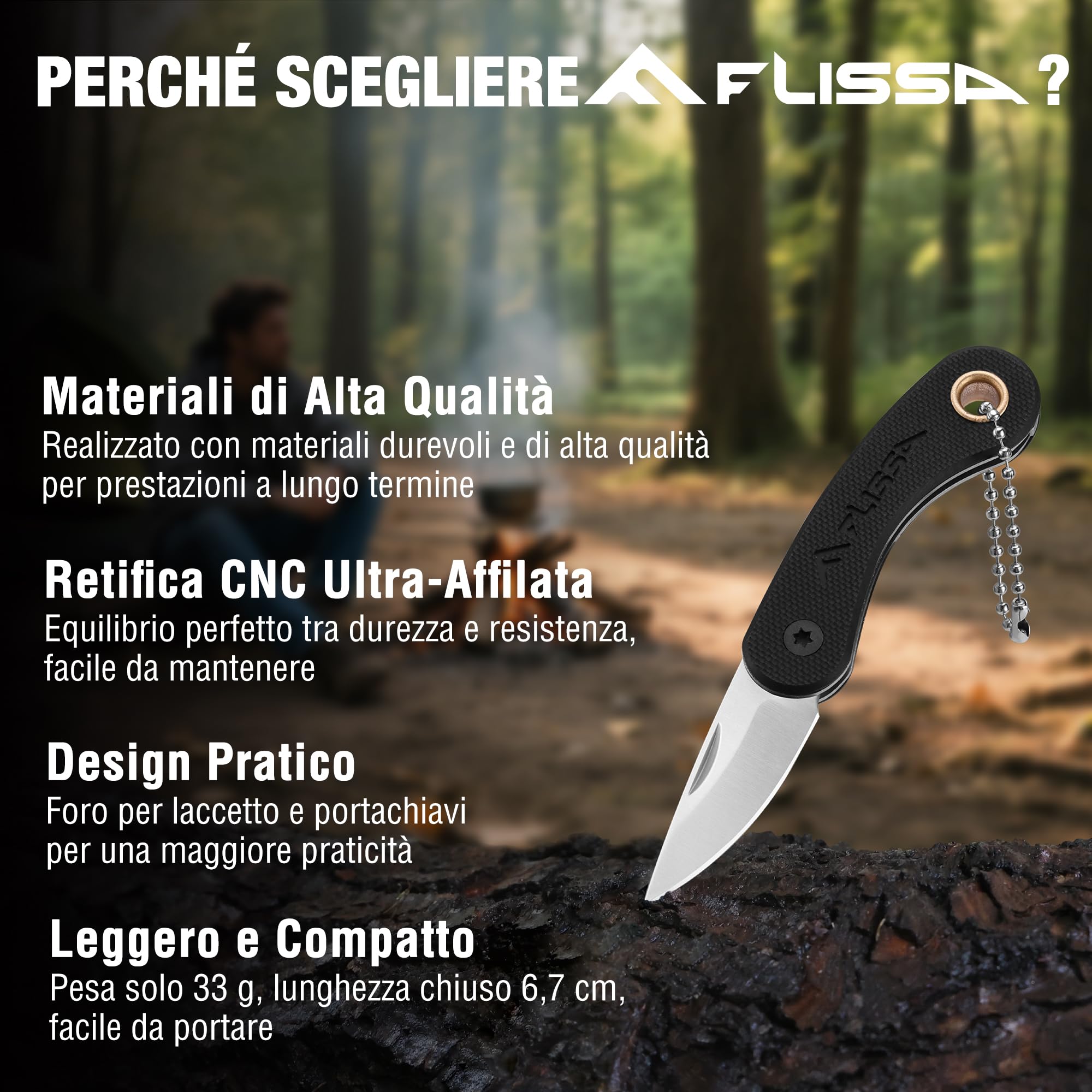 FLISSA Mini Coltello Tascabile, Coltello a Serramanico con Manico in G10,Lama in Acciaio INOX 5CR15MOV, Finitura CNC, Taglierino Portatile, EDC per Uso Quotidiano e Attività Outdoor