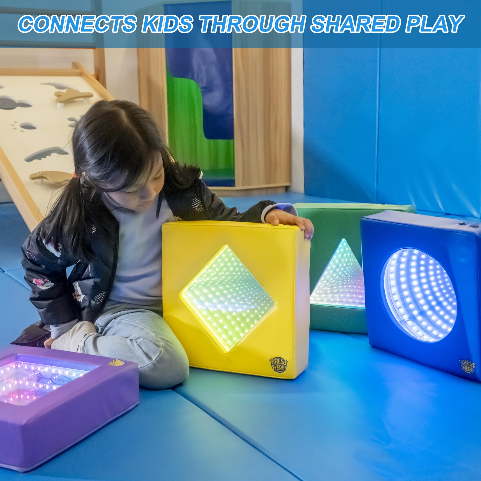 Sensolio Soft Padded Sensory Infinity Mirror Set 4-in-1 – Interactive Rhombus, Triangle, Square & Round Mirrors with Multiple Lighting Modes for Sensory Rooms and Therapy Rooms