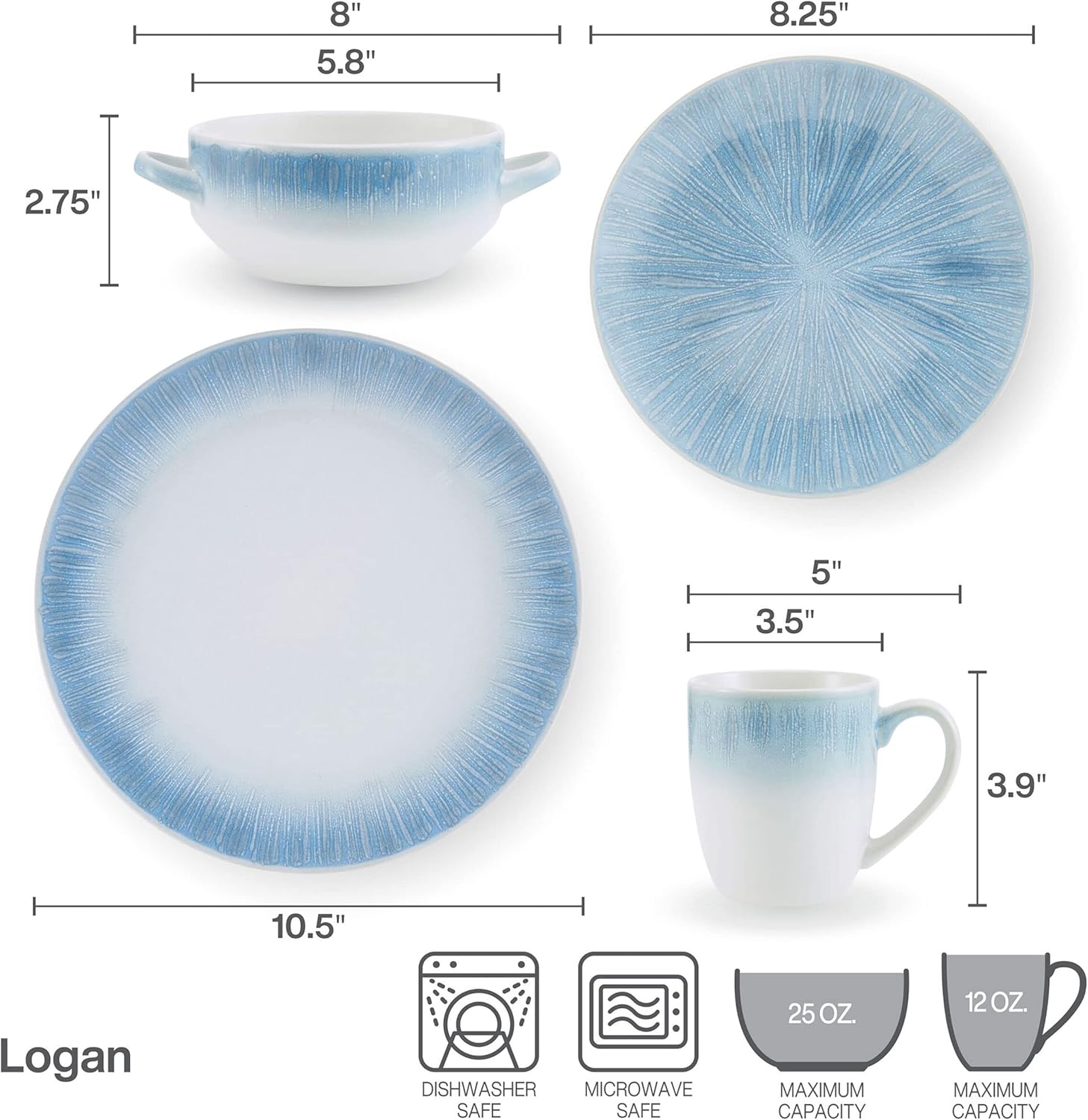 Pfaltzgraff Logan 16 Piece Dinnerware Set, Service for 4, Blue Ombre