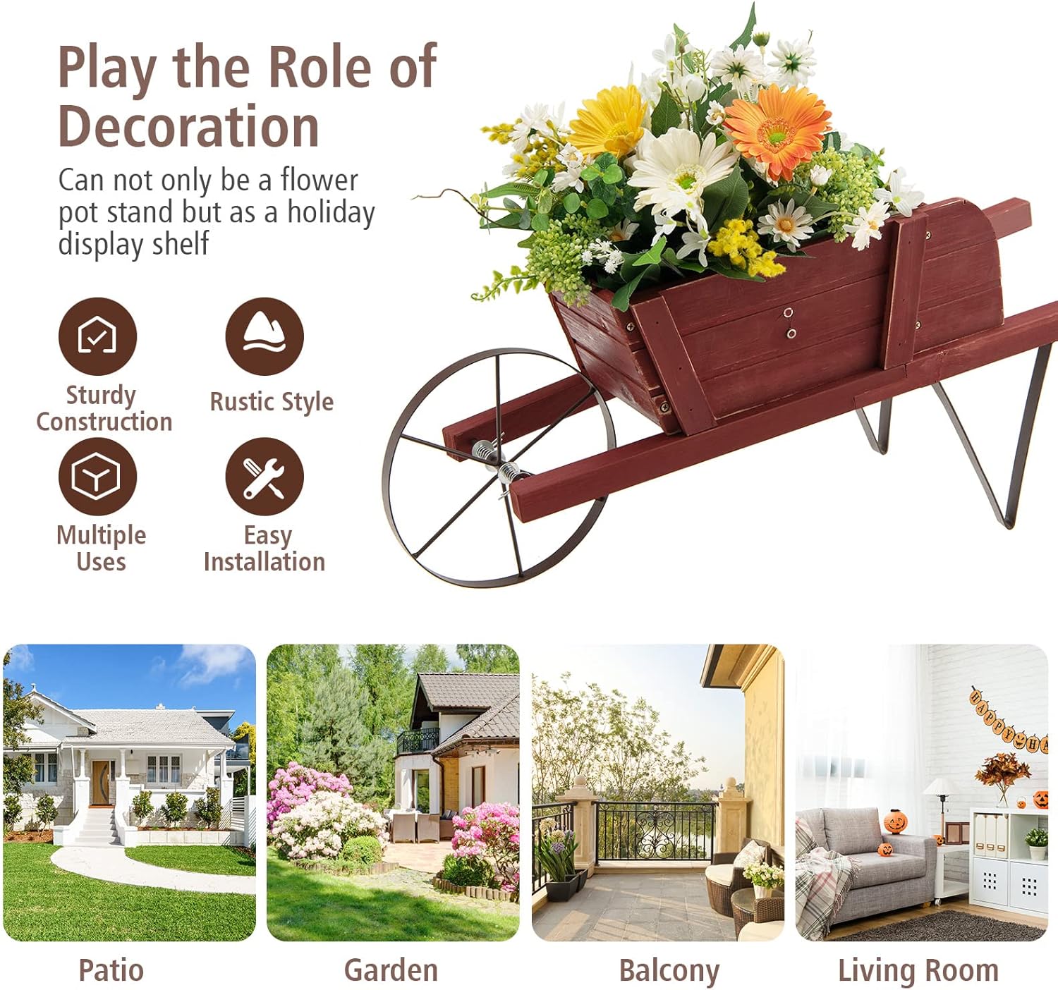 Wooden Wagon Planter, 27.5"x10.5"x11.5" Wheelbarrow Cart Plant Pot with Halloween Decoration & Metal Supports, Single Wheel Movable Garden Flower Cart Planter for Yard, Backyard (Red)