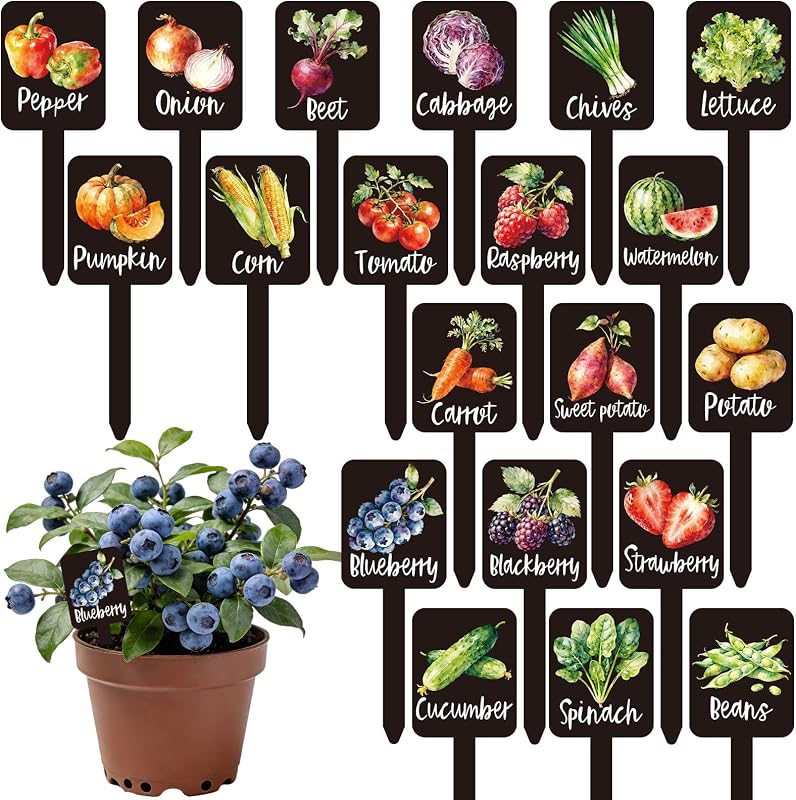 Whaline 20Pcs Watercolor Vegetable Fruit Plant Label Signs, 20 Styles | Waterproof Black Acrylic Plant Tags with Names, Garden Marker Stakes, for Nursery Indoor Outdoor Potted Garden Plants Decor