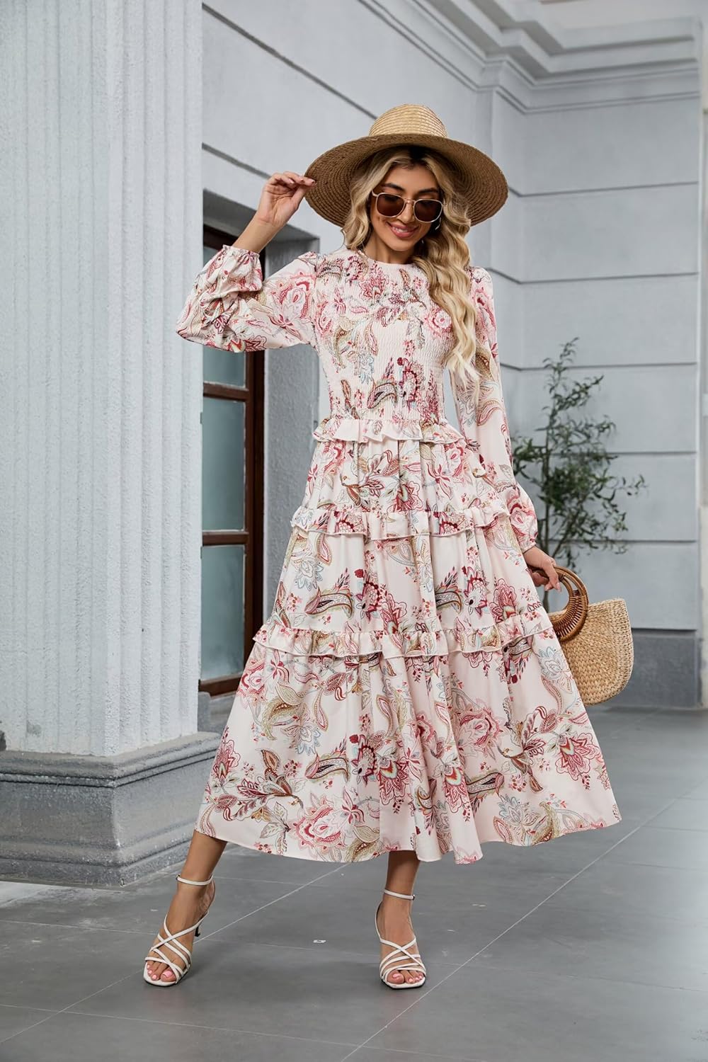 ZAFUL Womens Fall Floral Smocked Maxi Dress Long Puff Sleeve Bohemian Dresses Flowy Tiered Ruffle Wedding Guest Dress - Image 4