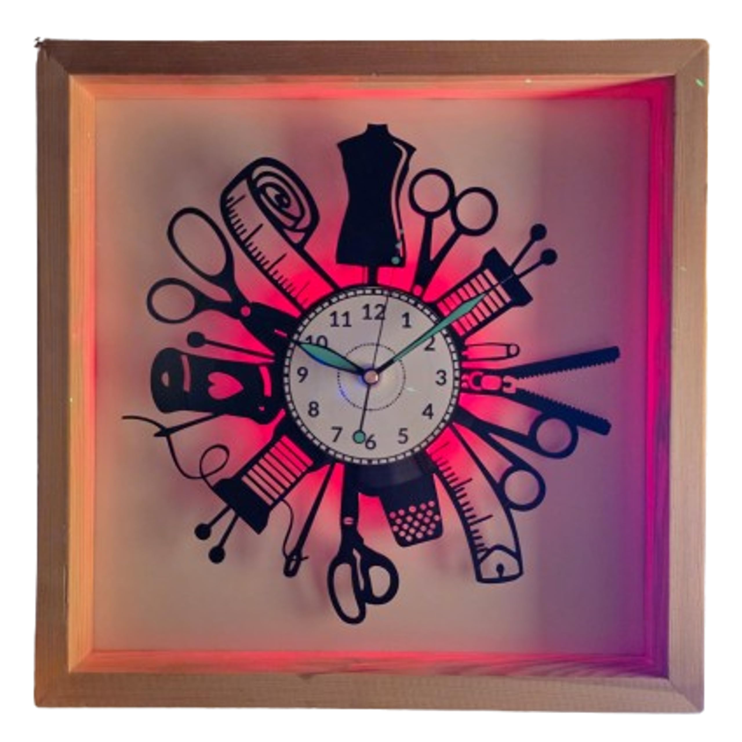 Zegar ścienny do maszyny do szycia LED RGB drewniana rama 35 x 35 cm płyta winylowa dekoracyjny zegar ścienny prezent urodzinowy dla krawcowej krawiectwa do szycia studia rzemieślniczego