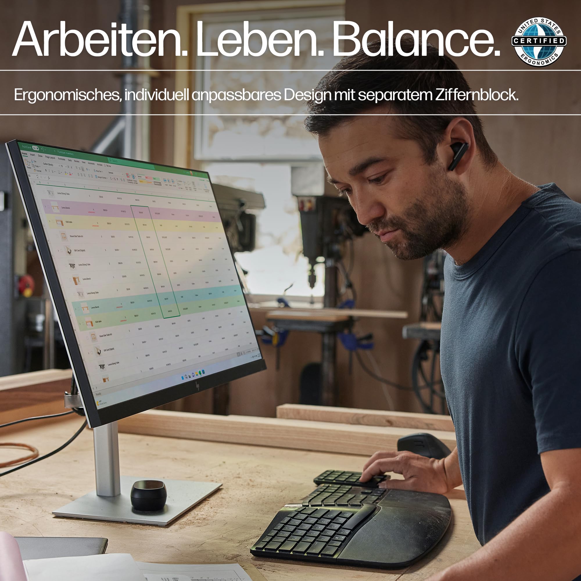 HP 960 Ergonomische Wireless-Tastatur mit separatem Ziffernblock, QWERTZ Deutsches Layout, Bluetooth & 2,4 GHz, 20 programmierbare Tasten, kompatibel mit Windows/macOS/ChromeOS, Schwarz
