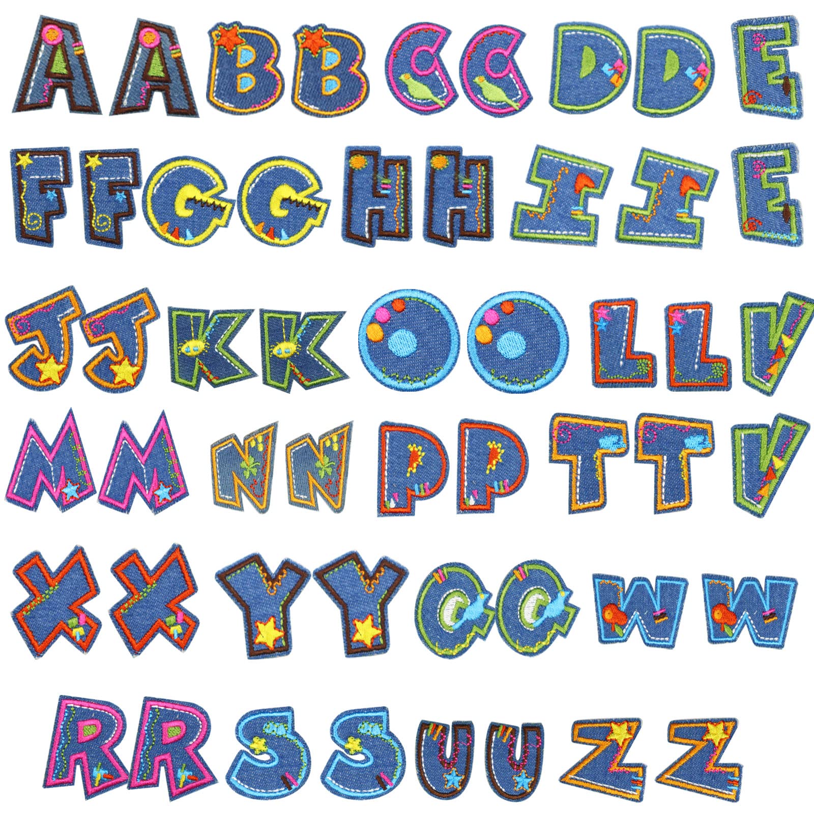 Modixun 52pcs Letter Iron on Patches, Sew on Alphabet Applique Patches, Colorful Alphabet A-Z Embroidered Patches for Clothing Hats Shoes Bags, Style A