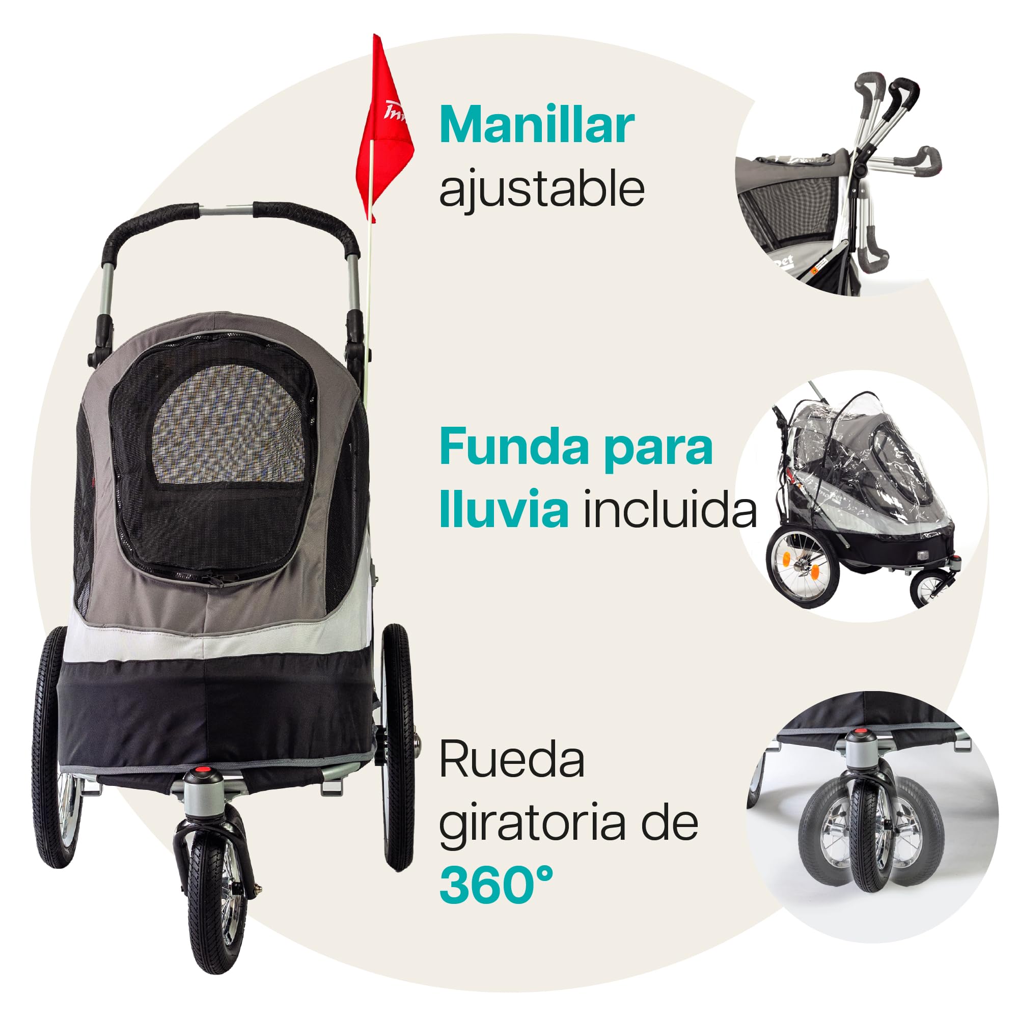 Innopet Sporty Deluxe negro/plata - 2 en 1 carrito y remolque para perros hasta 30kg, con barra para bici, reflectores, bandera y bolsillo de almacenamiento
