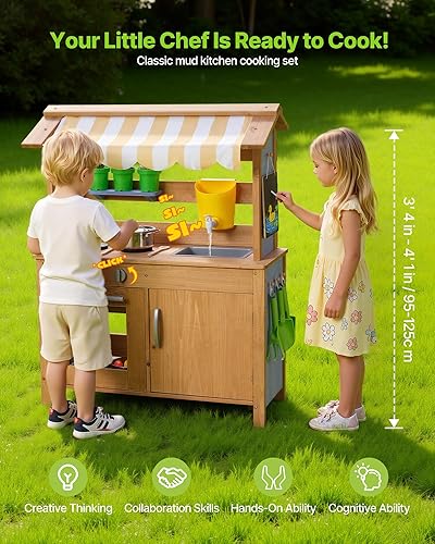 Miniatura 2 de VEVOR Cocina de barro, cocina de barro al aire libre para niños, cocinas de madera al aire libre con cucharas, fregadero, tanque, toldo de