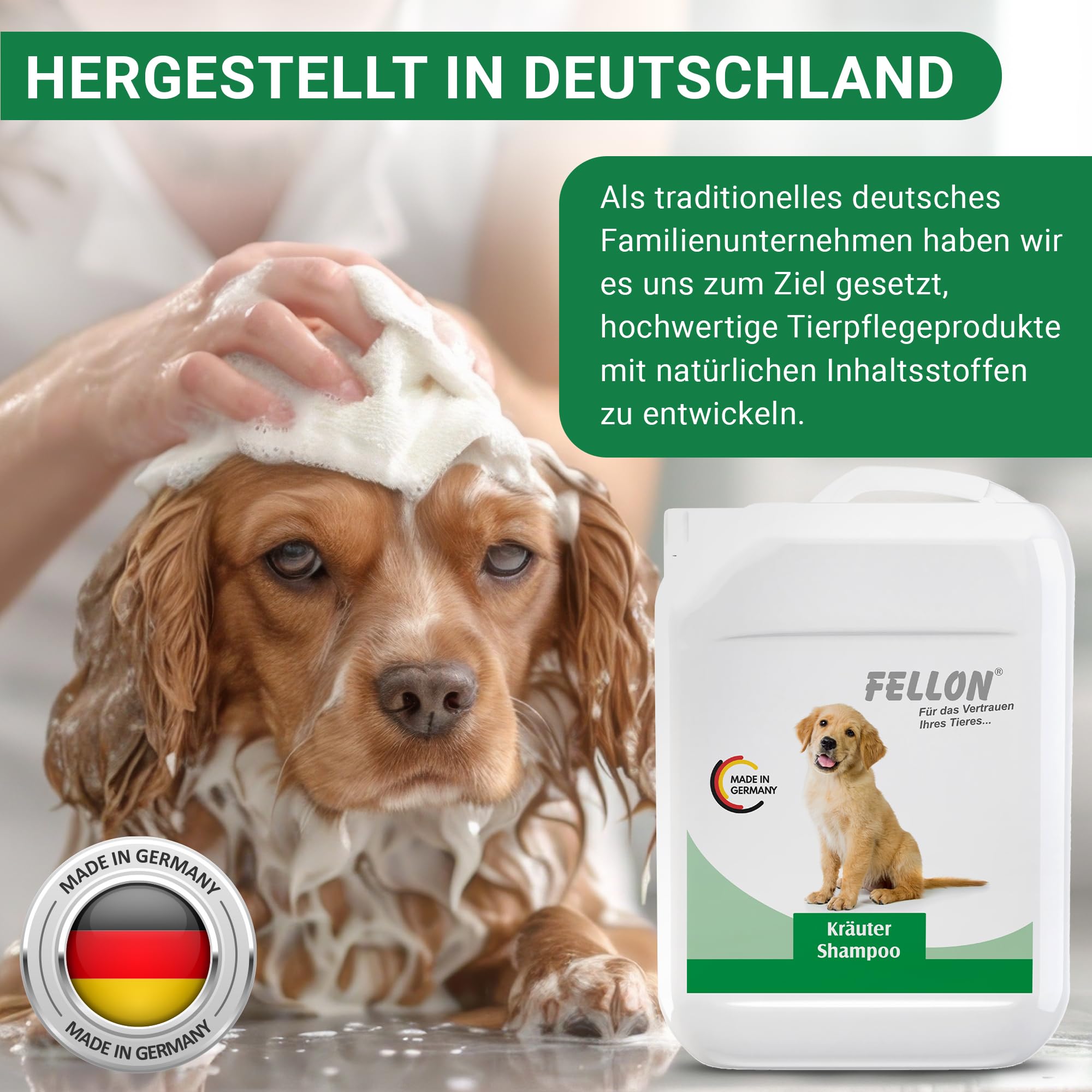 Fellon Kräutershampoo für Hunde – pH-neutrales Hundeshampoo mit natürlichen Kräuterextrakten – Fellpflege für glänzendes Fell, silikonfrei, hautfreundlich, für Welpen & alle Felltypen – 10 Liter