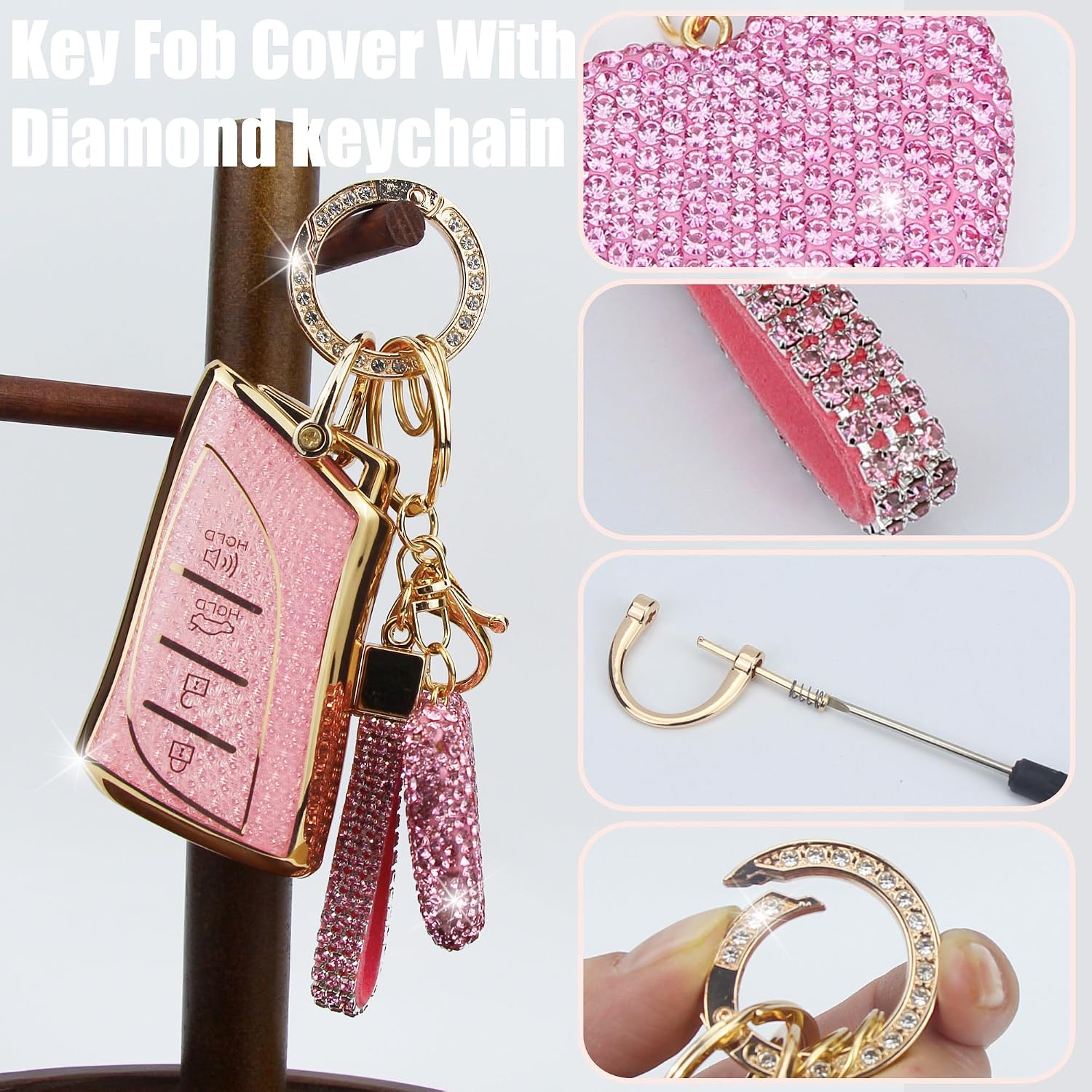 Key Fob Cover with Diamond Keychain Car Key Holder Case Compatible with Lexus ES350 ES300h UX200 LS500 LS500H LC500 LC500h Smart Remote Key Protector for Women, 4 Buttons (Pink-Heart) image 3