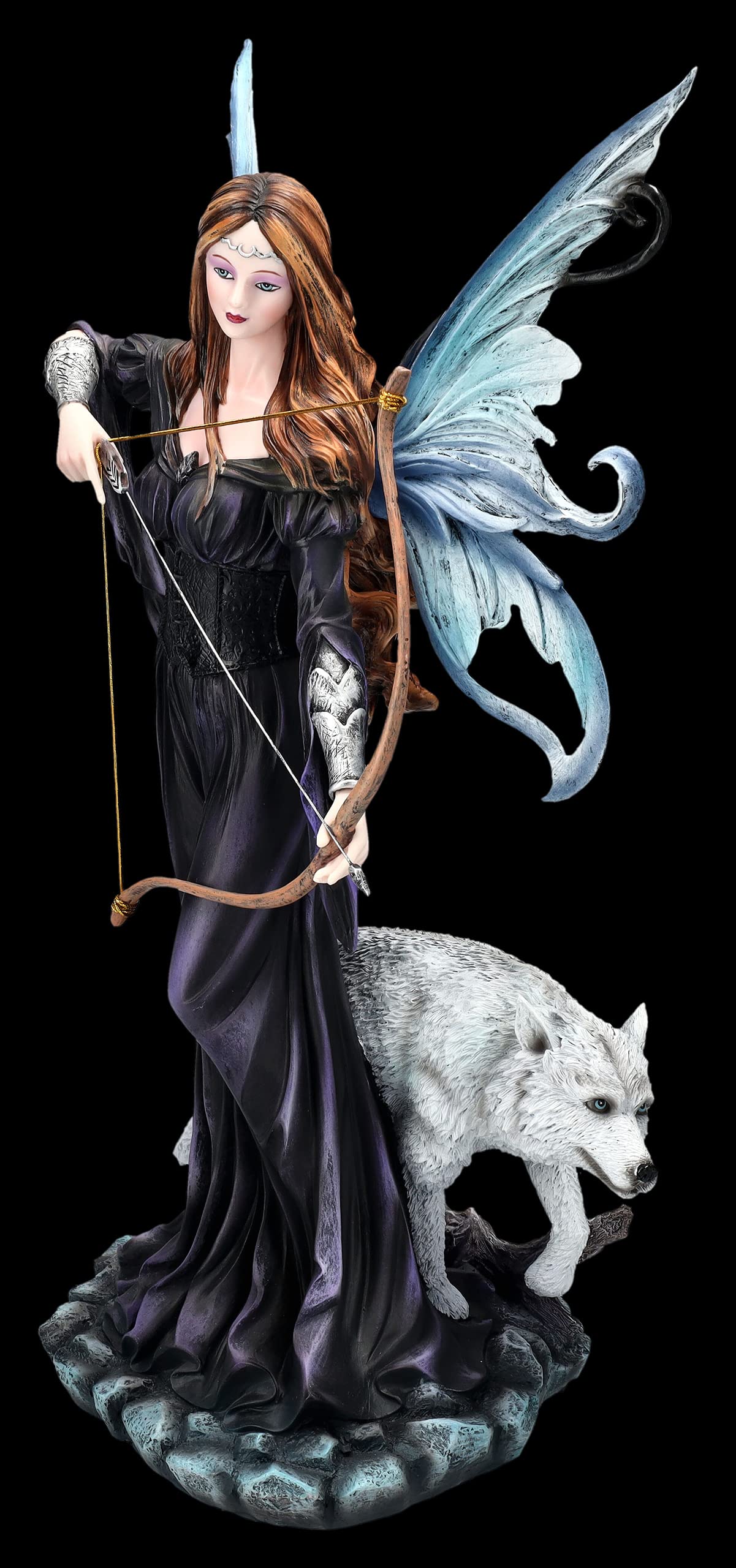 Fantasy Elfen Figur - Amora mit Bogen und Wolf 39,5 cm | Kriegerin Statue