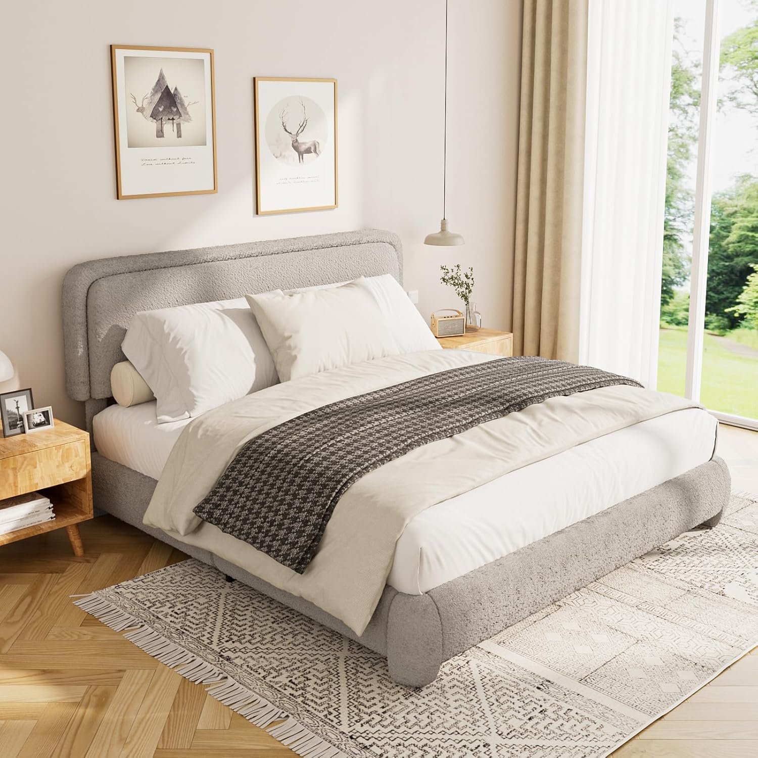 Queen Bed Frame, Neutral Beige Boucle Upholstered Platform Bed, Anti-Collision Soft Rounded Corners, 800lb Heavy Duty, No Box Spring Needed, Noise-Free