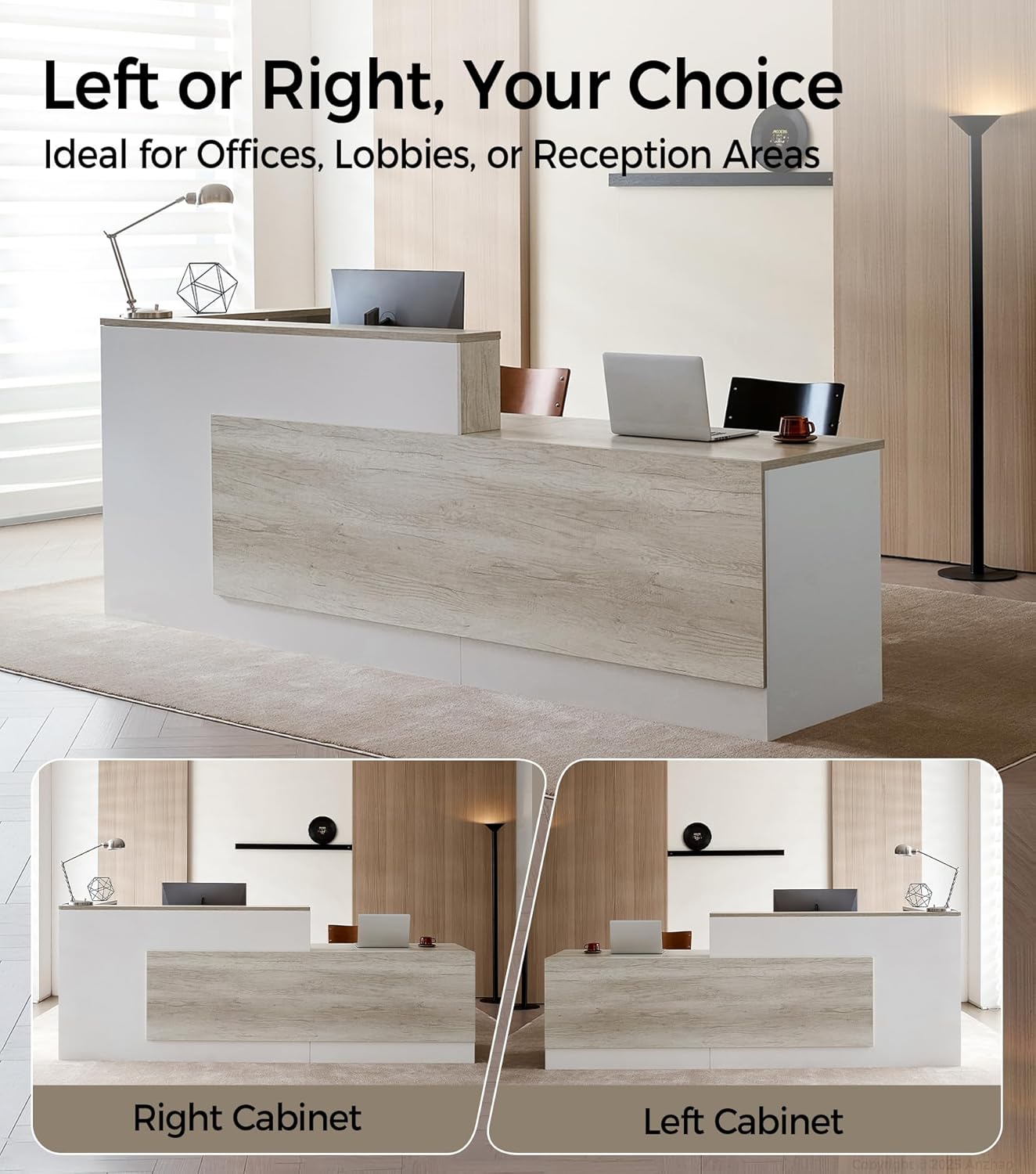 Modern L-Shaped Reception Desk with Counter - 110 Inches Front Desk with Storage Cabinet, Open Shelves, Lockable Drawer & Keyboard Tray for Office, Lobby, Checkout (Oak & Warm White - Right)