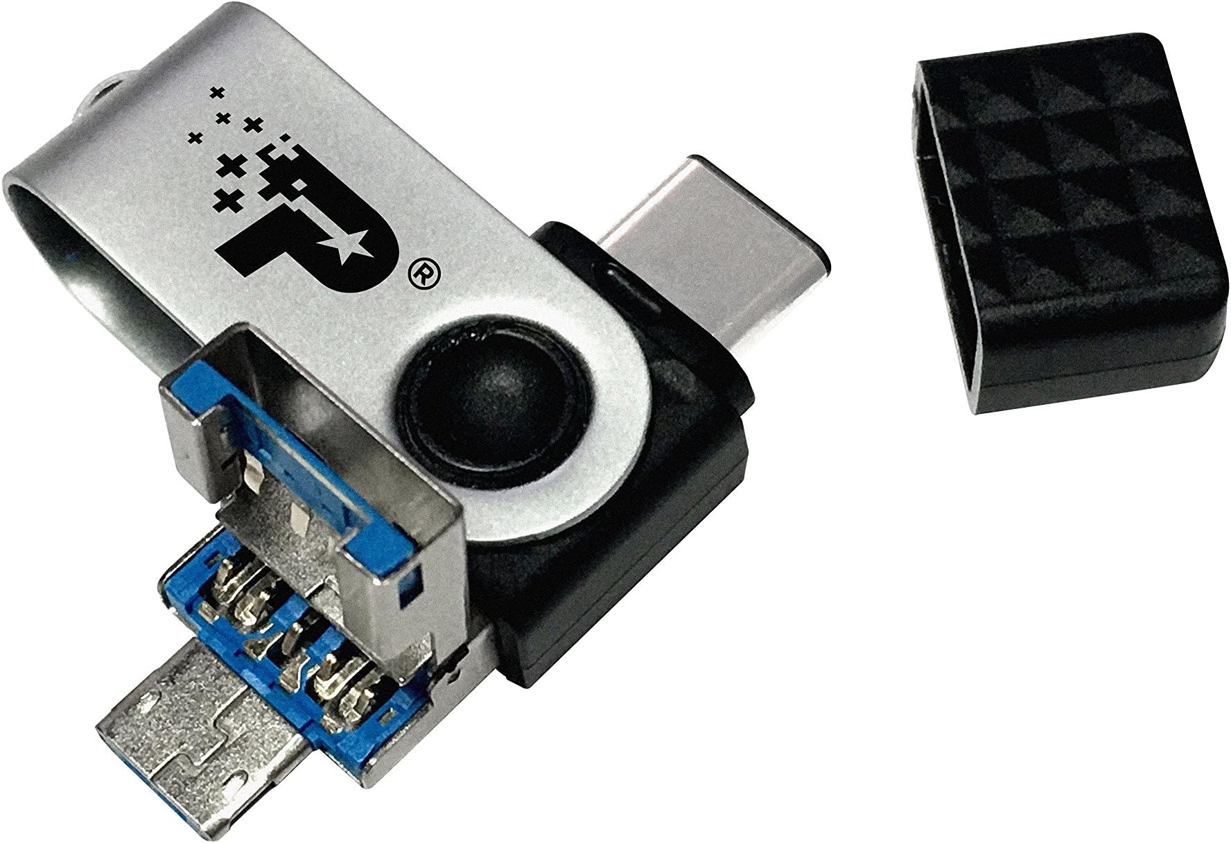 Patriot Memory Trinity 64GB USB 3.1 Flash Drive, with Built in Type-A, Type-C, Micro-B Connectors for Mobile Device Compatibility