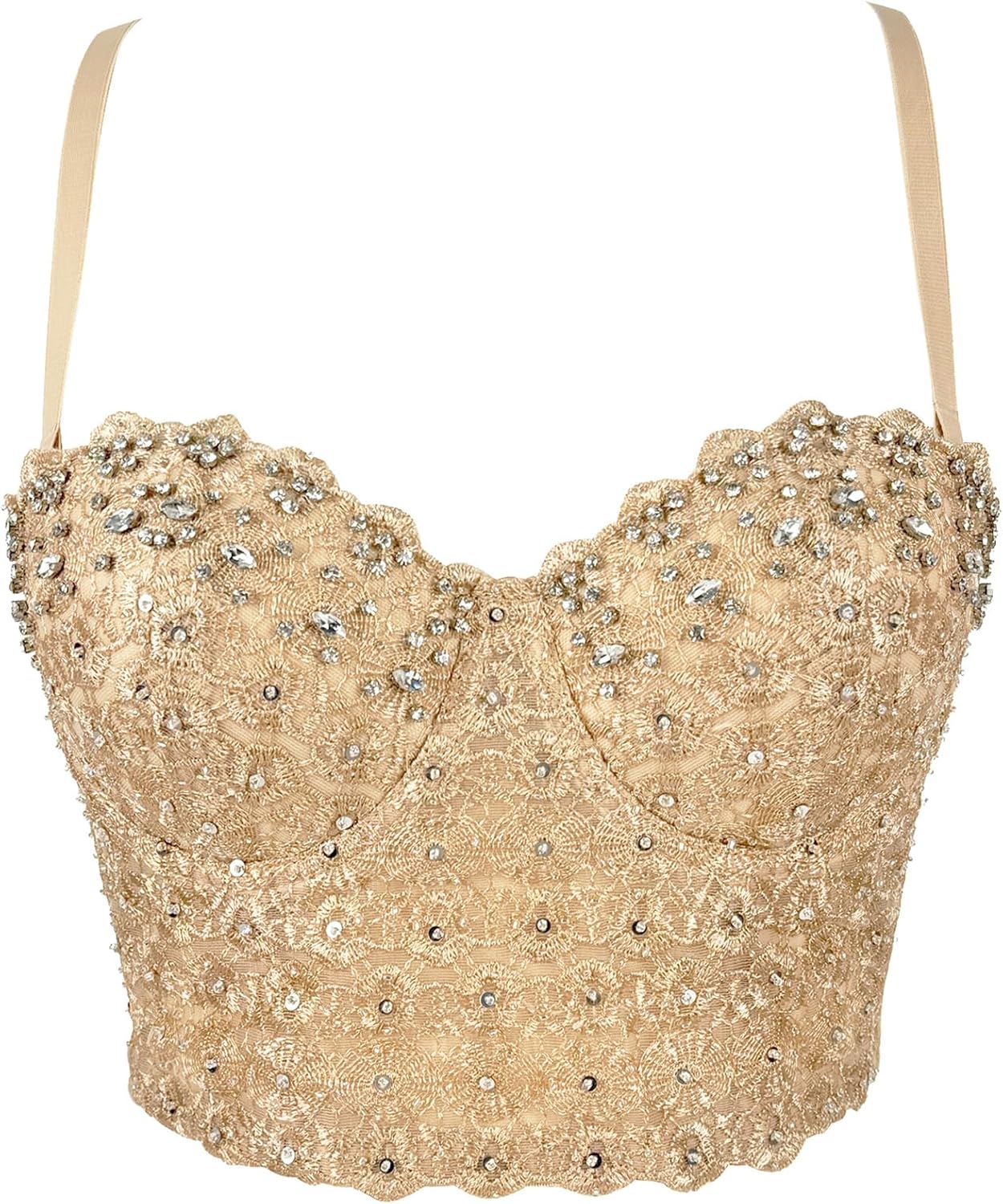 Women's Lace Mesh Rhinestone Diamond Bra Push up Bustier Corset Crop Top Club Party Vest with Detachable Straps