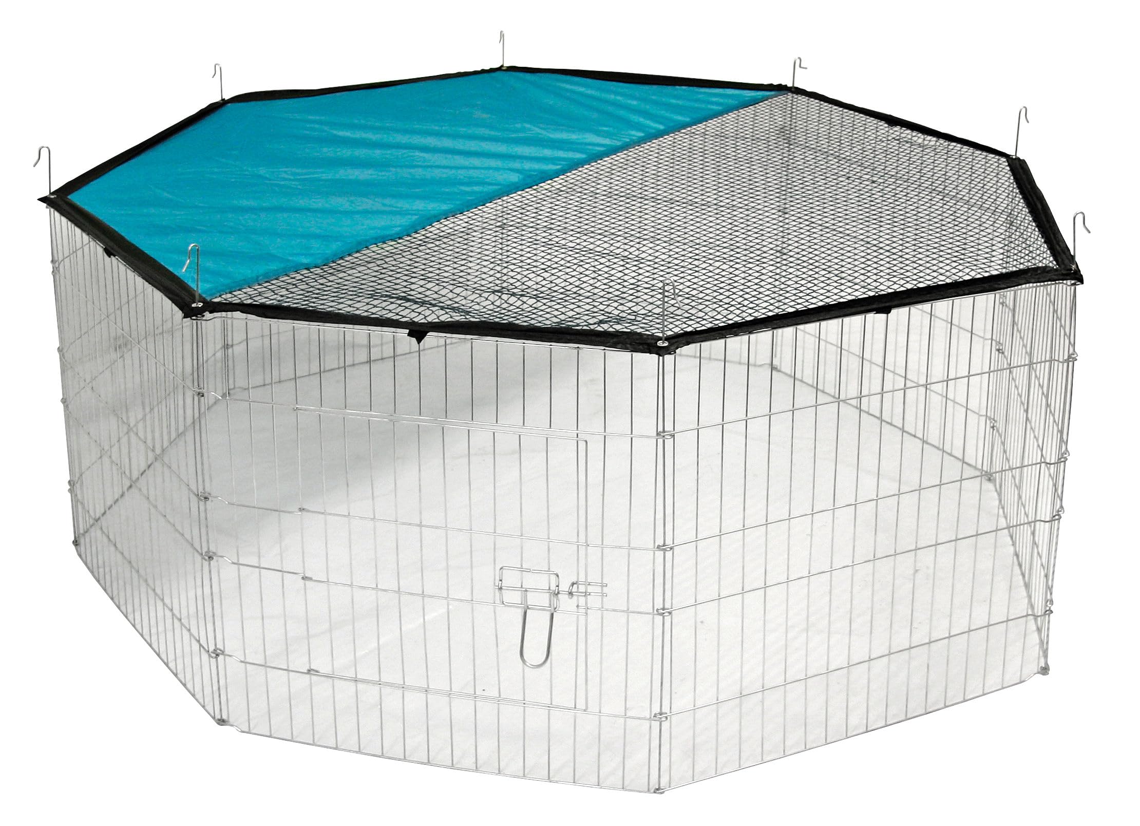 Kerbl Pet Outdoor Fence Pen, 8 Mesh Panels 57 x 56 cm each, Galvanised Metal, with Cover and Sun Visor, Extendable