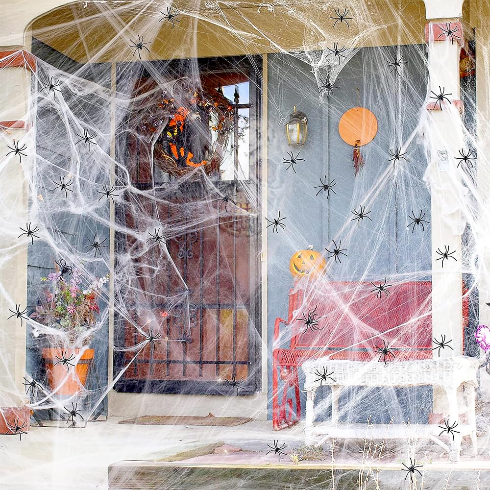 Photo 1 of 2 PACK***IKALI 1200 sqft Spider Webs Halloween Decorations Bonus with 60 Fake Spiders, Super Stretch Cobwebs for Halloween Indoor Outdoor Party Supplies Favors