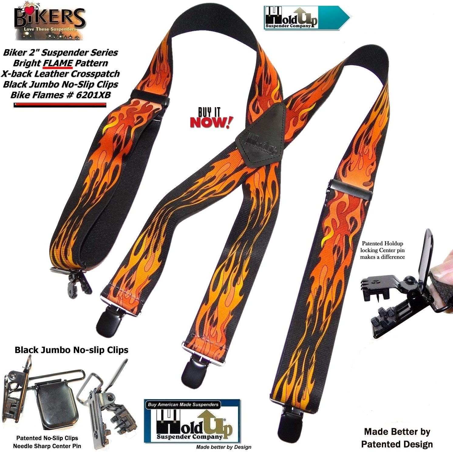 Holdup Suspender Company 2" wide Biker Suspenders for Men with Patented Jumbo black no-slip Clips (Biker Flames Metal)