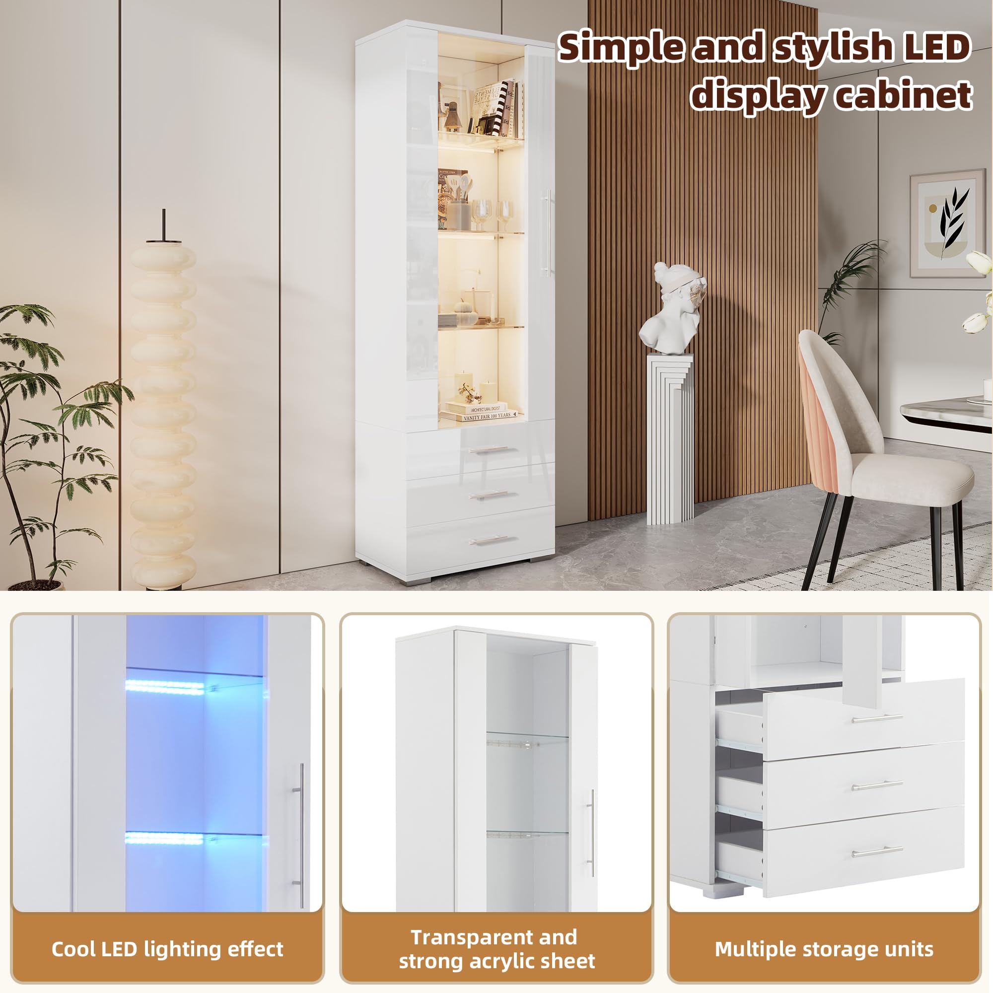 Vetrina in vetro bianco lucido, vetrina con illuminazione a LED, vetrina verticale con 3 cassetti, 60 x 35 x 180 cm