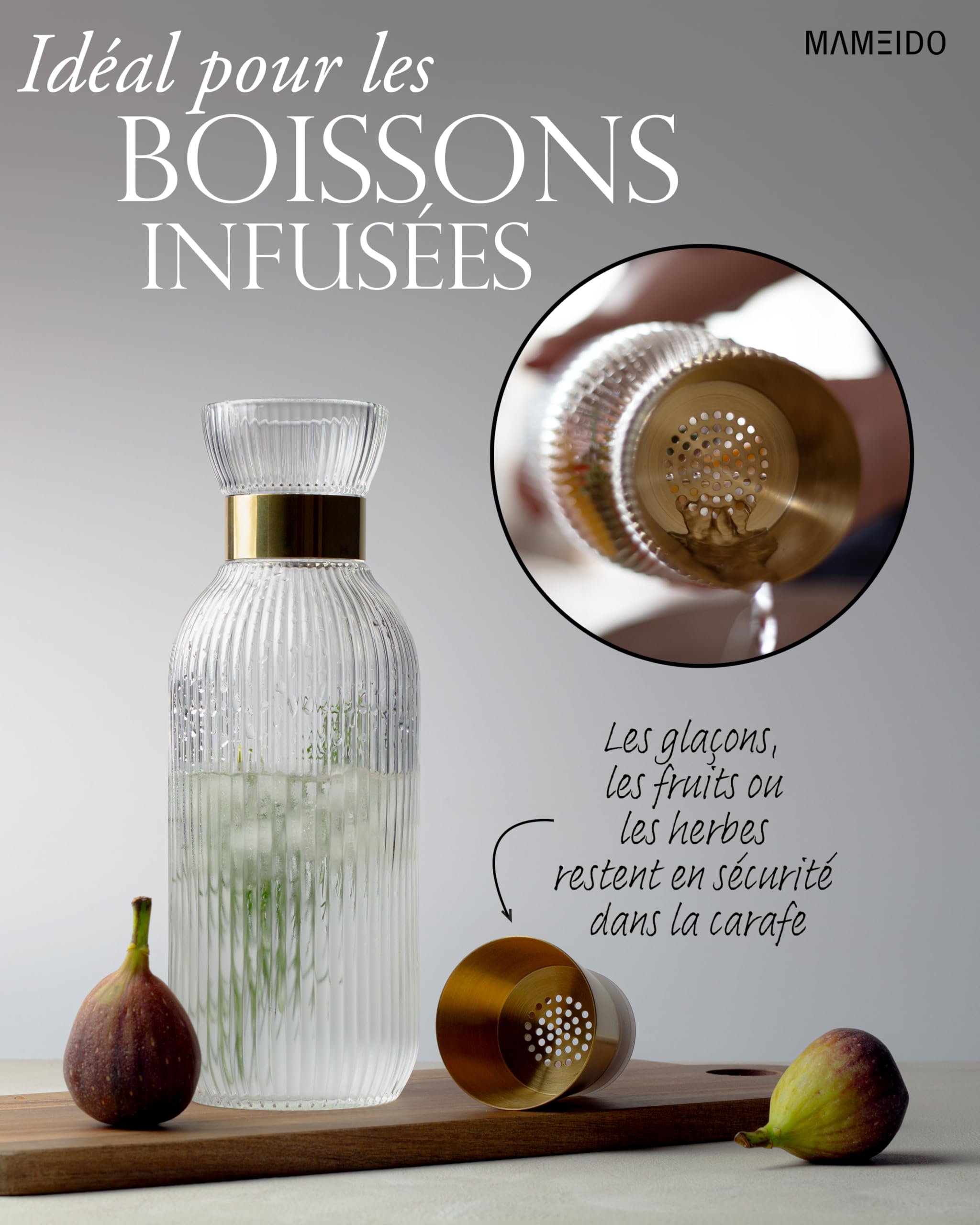 MAMEIDO Carafe à eau avec bec verseur et passoire 1,5 l (Crystal Gold) | En verre cristal soufflé bouche, aspect côtelé élégant, bec verseur anti-goutte – idéale à offrir