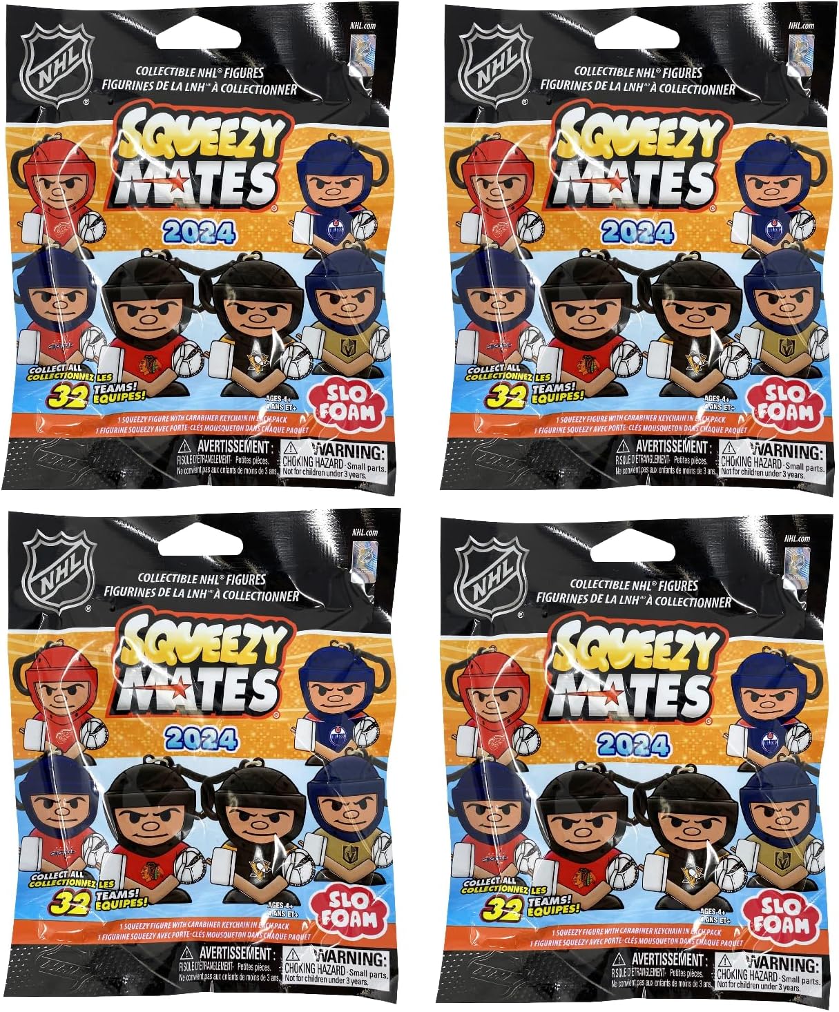 4 Pack Bundle - Squeezymates NHL Hockey Series 4 Mystery Blind Pack Bag Figure Slofoam Keychain Multicolor, Small
