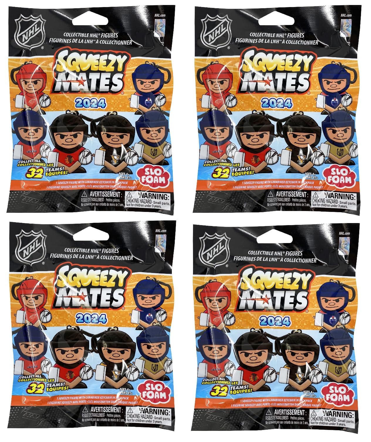 Party Animal - 4 Pack Bundle - Squeezymates NHL Hockey Series 4 Mystery Blind Pack Bag Figure Slofoam Keychain Multicolor, Small