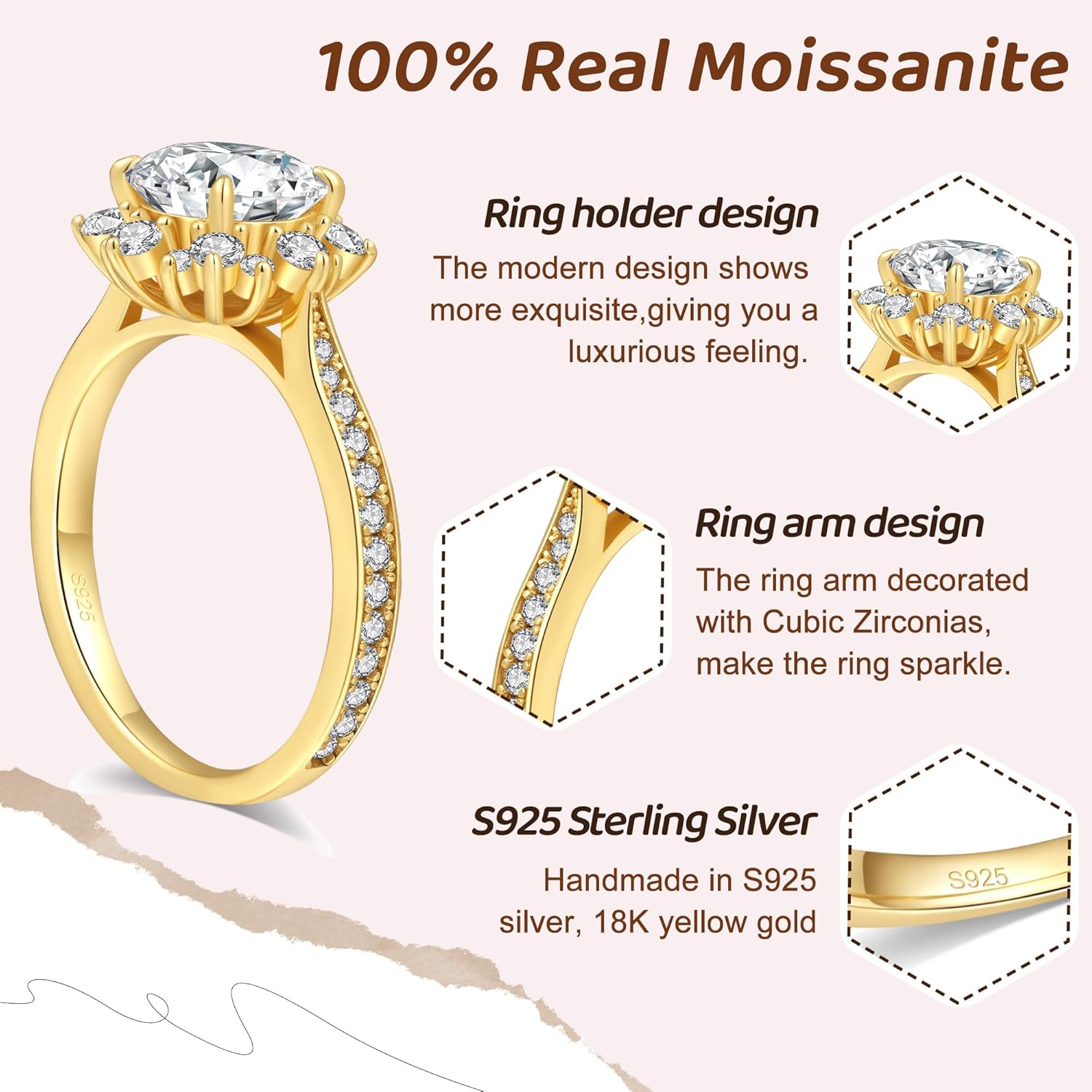 Flower Moissanite Engagement Rings for Women,925 Sterling Silver Engagement Ring with 18K White Gold Plated,D Color VVS1 Wedding Bands Moissanite Halo Rings 0.5/1.5/2/3CT - Image 3