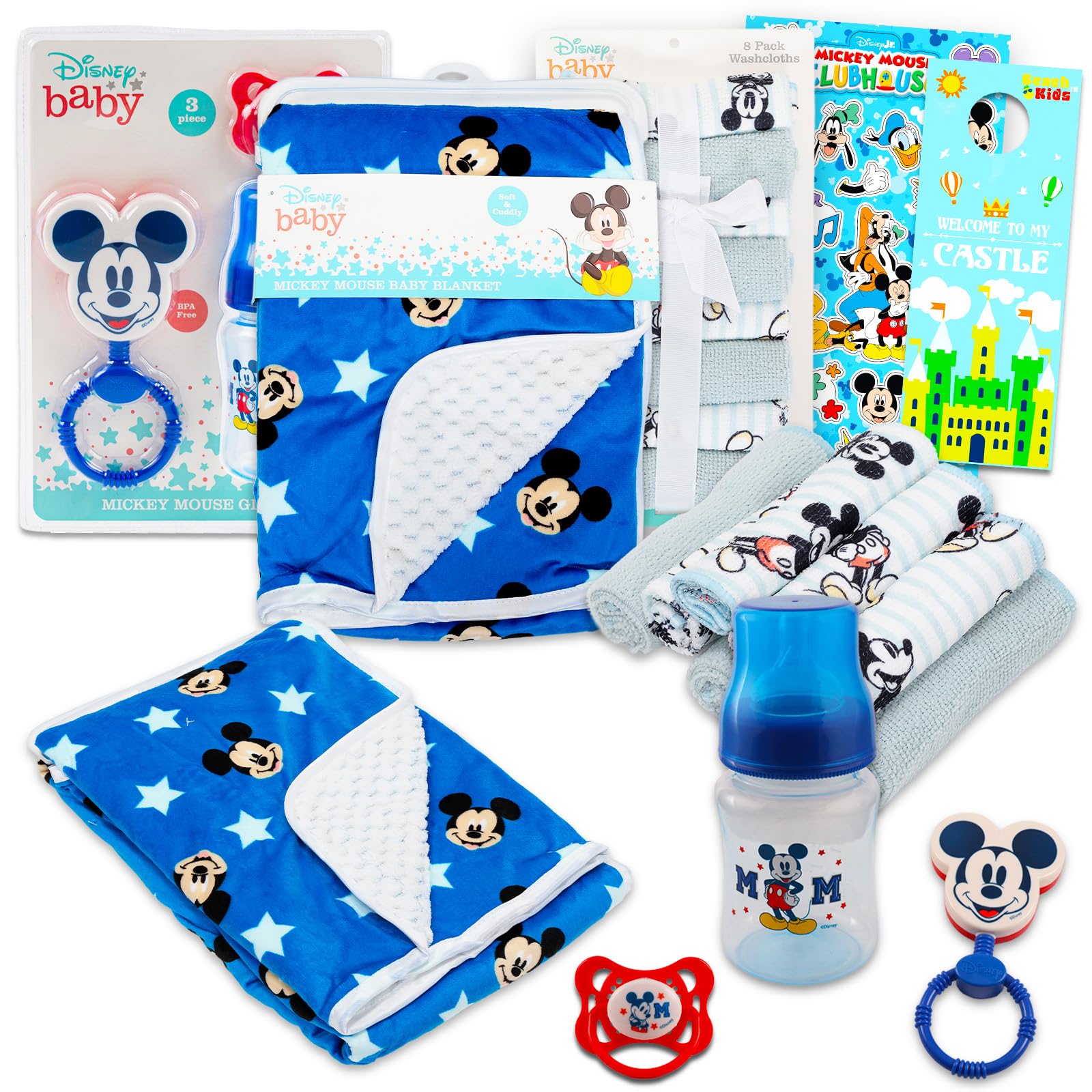 Disney Mickey Mouse Baby Gift Set, Baby Shower Gifts Boys Neutral - 12 Pc Newborn Essentials Bundle with Blanket, Washcloths, Rattle, Bottle, Pacifier