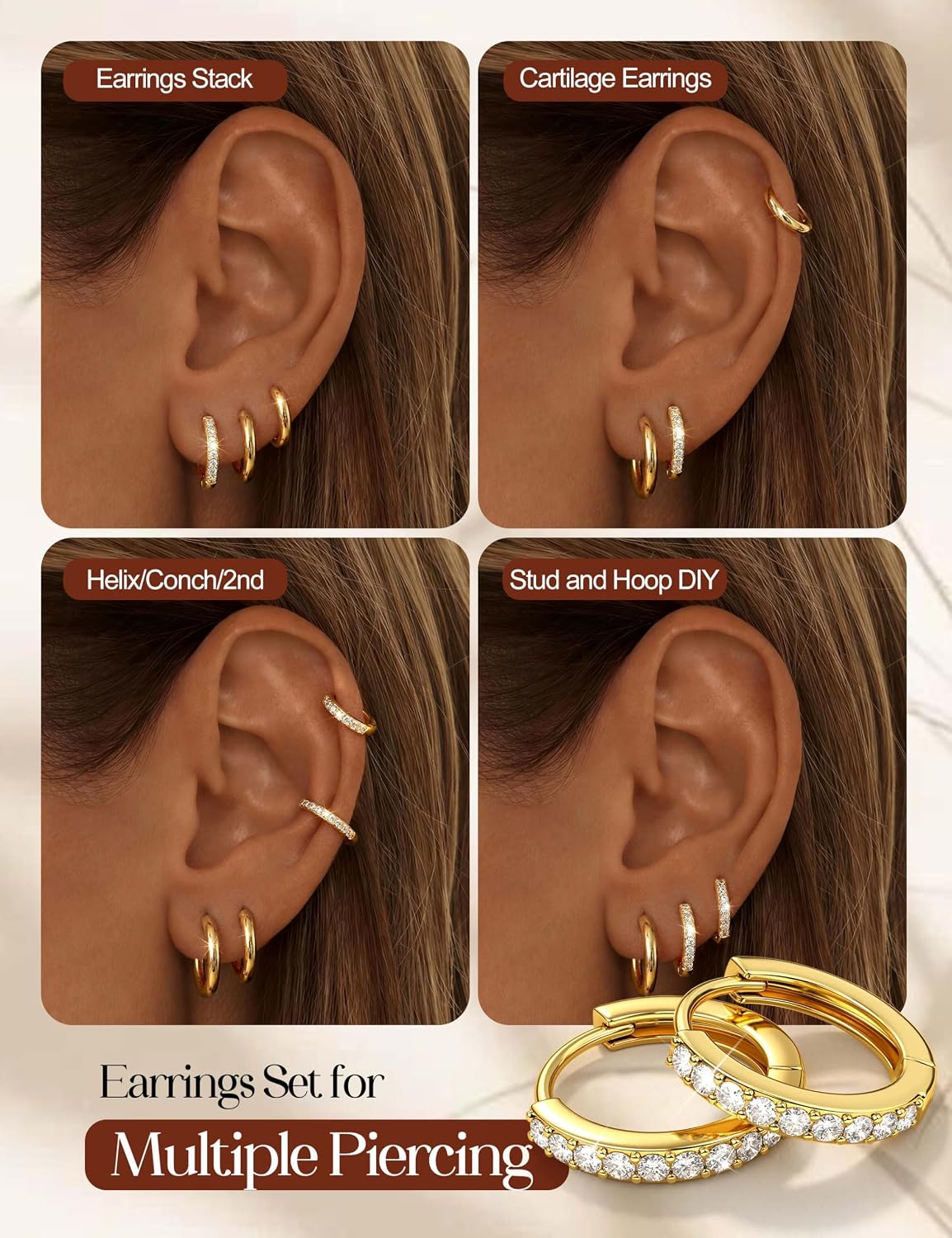 Tungary Small Gold Hoop Earrings for Women, Hypoallergenic Huggie Earrings for Sensitive Ears, Non Tarnish 14K Gold Plated Hoops for Sleeping/Daily, Cartilage Earring Stacks Set for Multiple Piercing