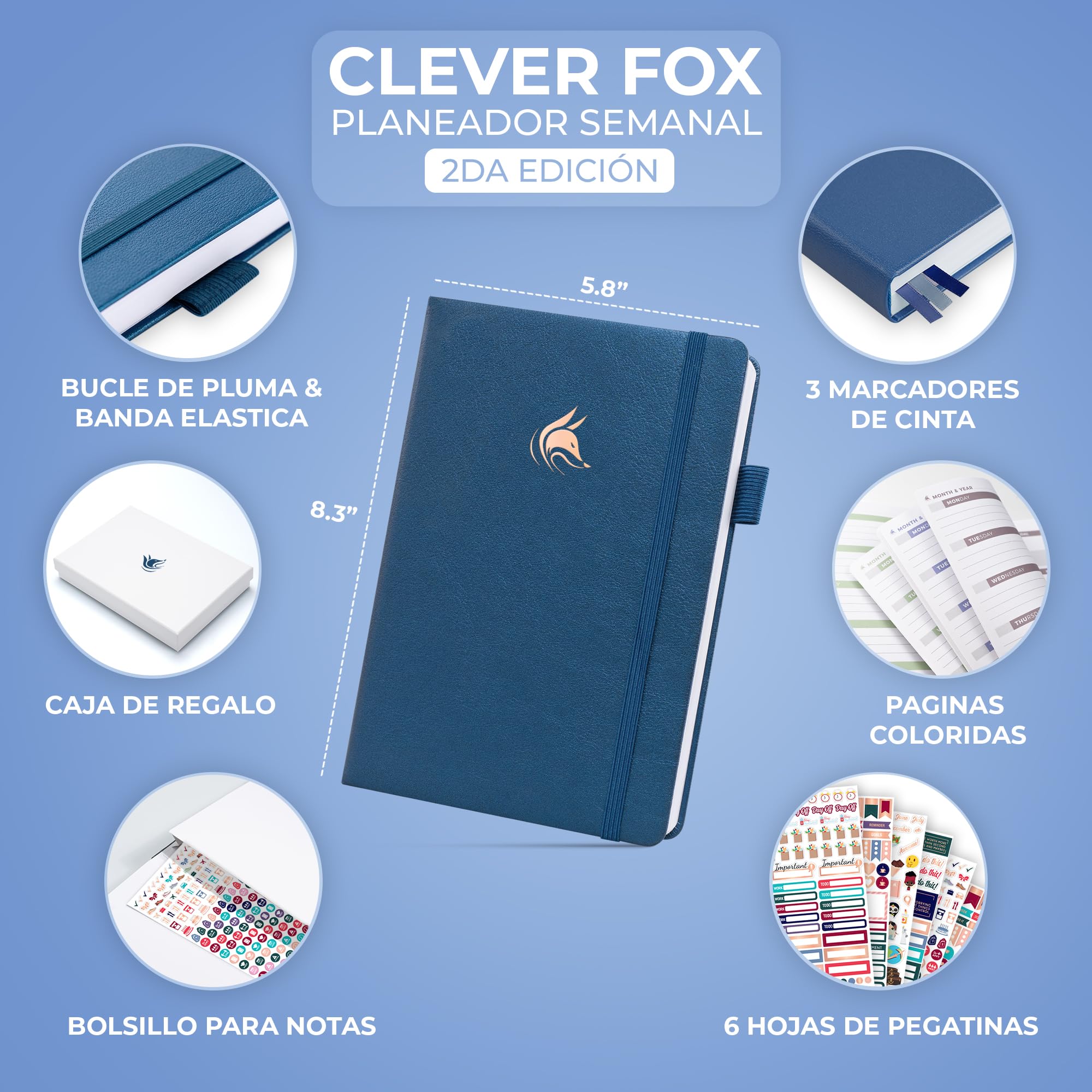 Clever Fox Agenda 2 Edición en Español - Colorida Agenda de Objetivos Semanales y Mensuales, Organizadora de Tiempo, Sin Fecha A5 (Azul místico)
