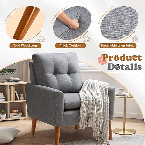 Miniatura 4 de JUMMICO Silla decorativa de mediados de siglo, silla de lectura moderna de tela, silla de sala de estar, sillón cómodo y esponjoso con patas de