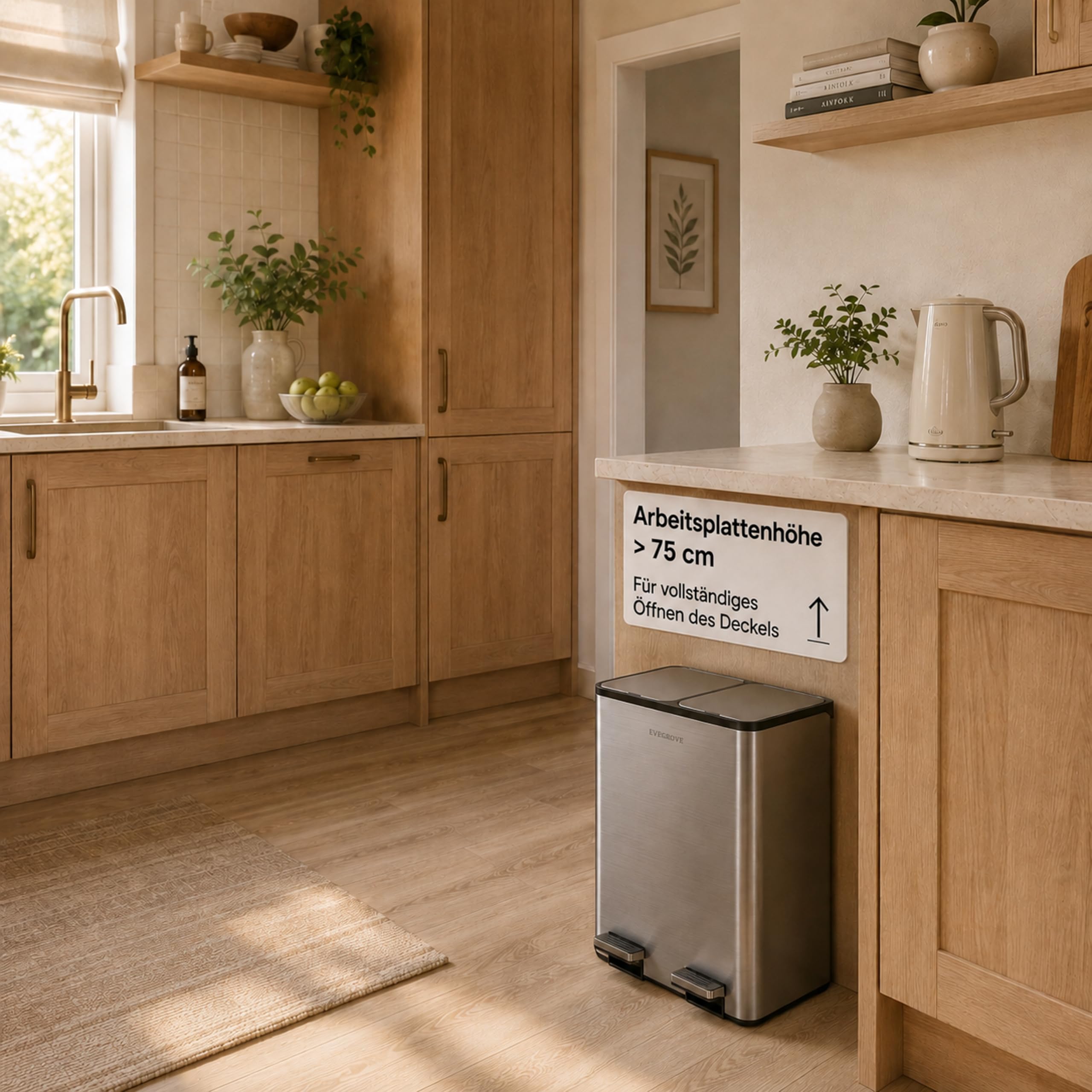 EverGrove 30-Liter-Mülltrennsystem, 2 x 15 L (Silber) | Gehäuse, Deckel und Pedale aus Edelstahl; zwei PP-Inneneimer, sanft schließende Deckel und ein eingesetzter Geruchsfilter.