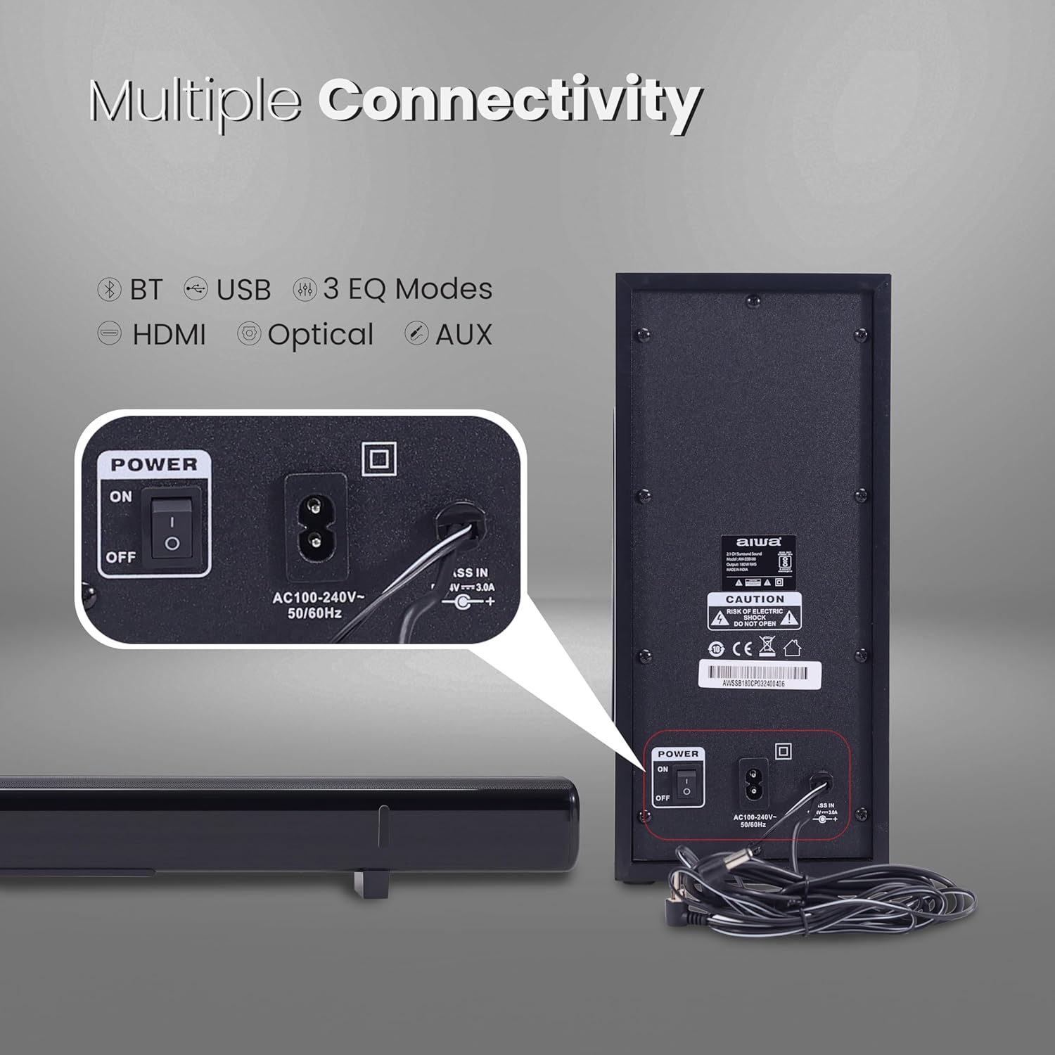 Rear view of Aiwa Soundbar and Subwoofer showing power and input connections