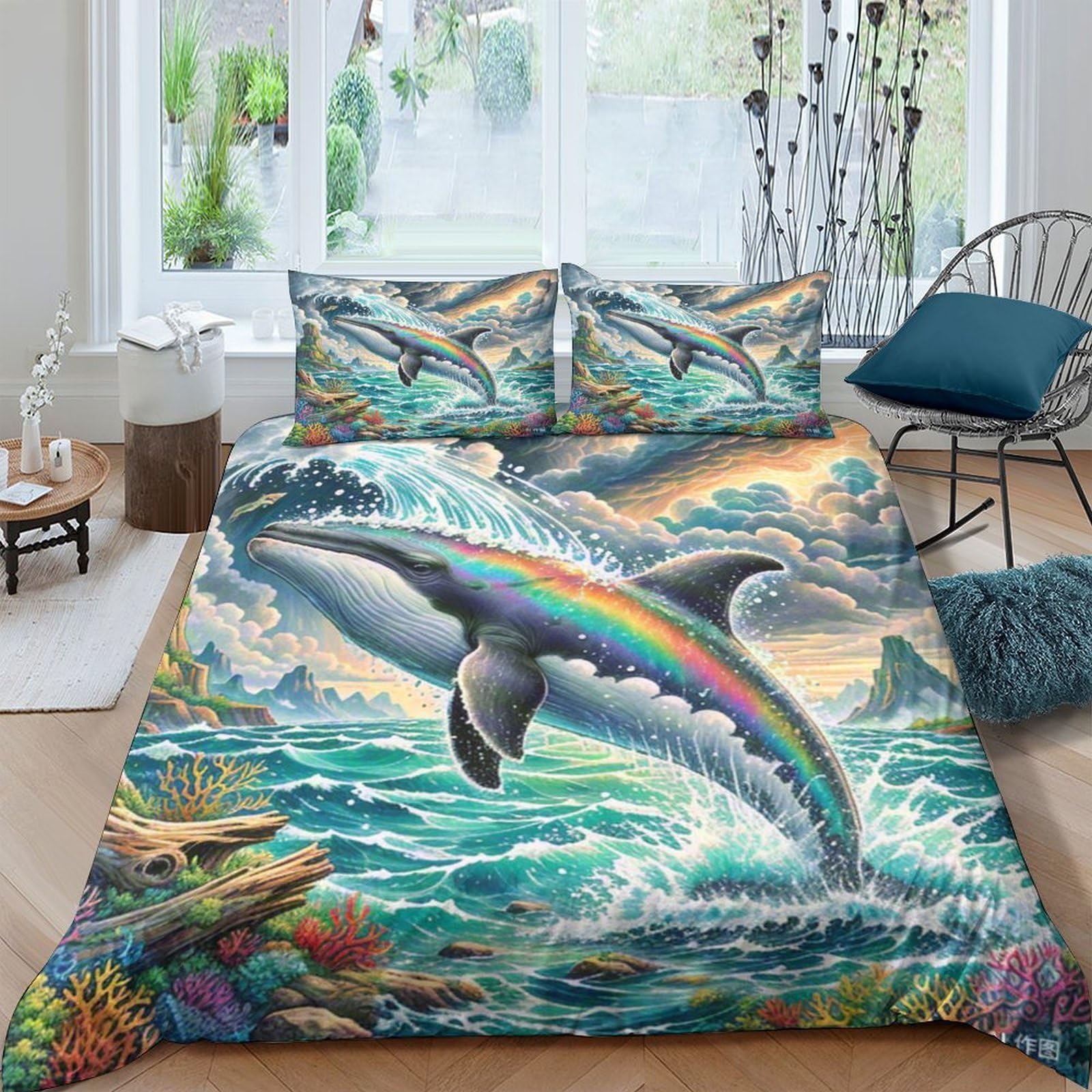 Housse de couette orca 3D 200x200cm en microfibre douce avec sa taie d'oreiller