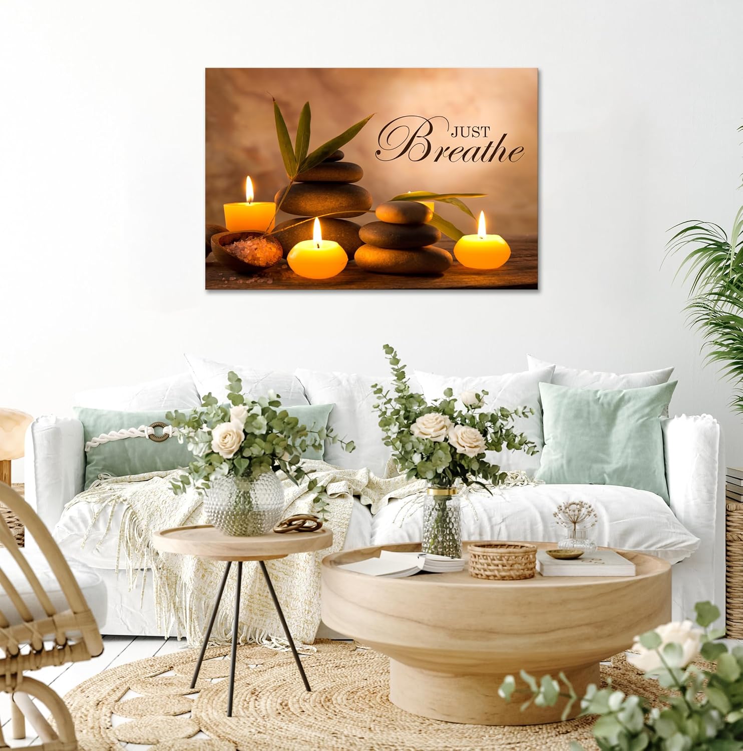 YIOZHAOFH Zen Wall Decor Just Breathe Motivational Bathroom Wall Art Yoga Room Poster for Women Spa Picture Painting Spiritual Artwork Framed for Living Room Ready to Hang (12L x 16W) - Image 2