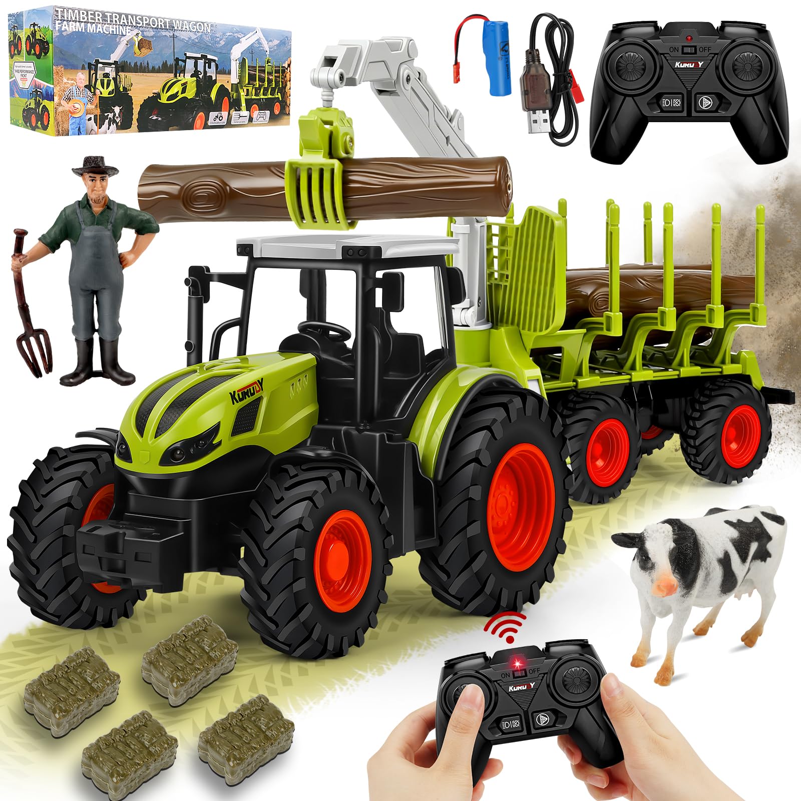 BuzzoXerex RC Tractor with Trailer and Light, 1:16 Scale, 2.4 GHz, Includes Tree Trunks, Cow, Hay Bales - Gift for Kids 3-6 Years