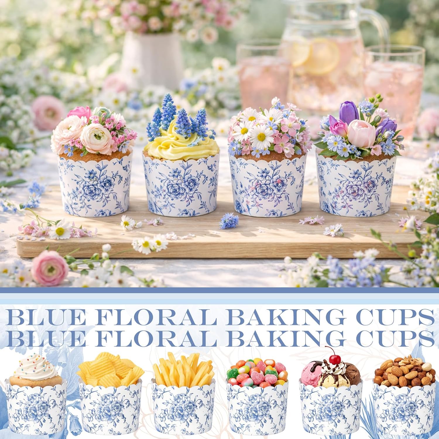 Funnymoom 100 Pcs Blue Floral Paper Baking Cups Blue White Wildflower Ice Cream Cup Disposable Cupcake Liners Wrappers Decorative Dessert Bowls for Food Baby Shower Wedding Birthday Party Supply